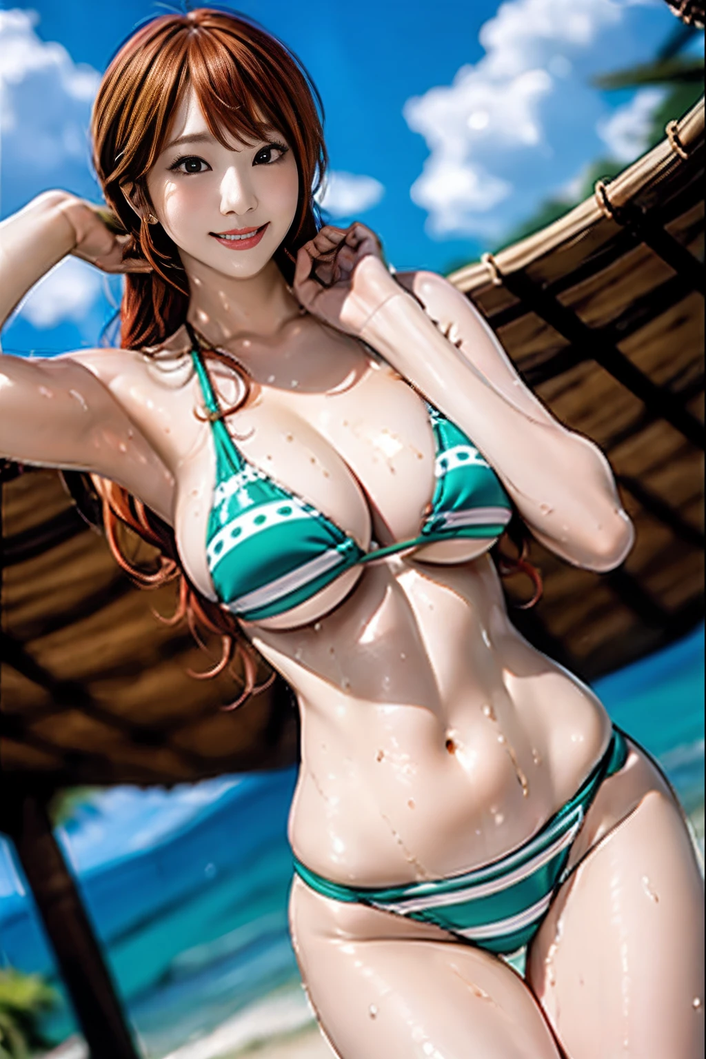 Nami, underwear, redhead, beach, provoking, sexy, slim body, hd, masterpiece, sweaty, hd, masterpiece, 8k, super hd, high resolution, oily body, perfect body, perfect hands, perfect anatomy, oily, sweaty