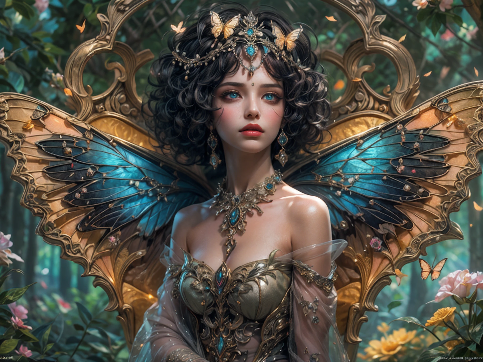 This is a realistic fantasy masterpiece with lots of shimmer, glitter, and intricate ornate detail. Generate one ite woman with a beautiful and delicate crown sitting on a garden swing at night. She is a beautiful and seductive butterfly queen with stunning curly black hair, (((incredibly realistic and detailed dynamic eyes in bright colors with realistic shading))).  Her skin is translucent white, her eyes sparkle, and her dress is elegant. Her dress is spun of the finest gossamer silk with delicate, intricate, and subtle floral detailing and gold silk butterfly sleeves. Her face is lovely and lonely. Include glow-in-the-dark flowers, lots of particles, highly realistic fantasy butteflies with translucent jewel-toned wings and fine detailing, and glow. The artwork is done in the style of Guviz and brings to mind masters in the genre such as trending fantasy works on Artstation and Midjourney. Camera: Utilize dynamic composition techniques to emphasize etherealness and delicate detail.