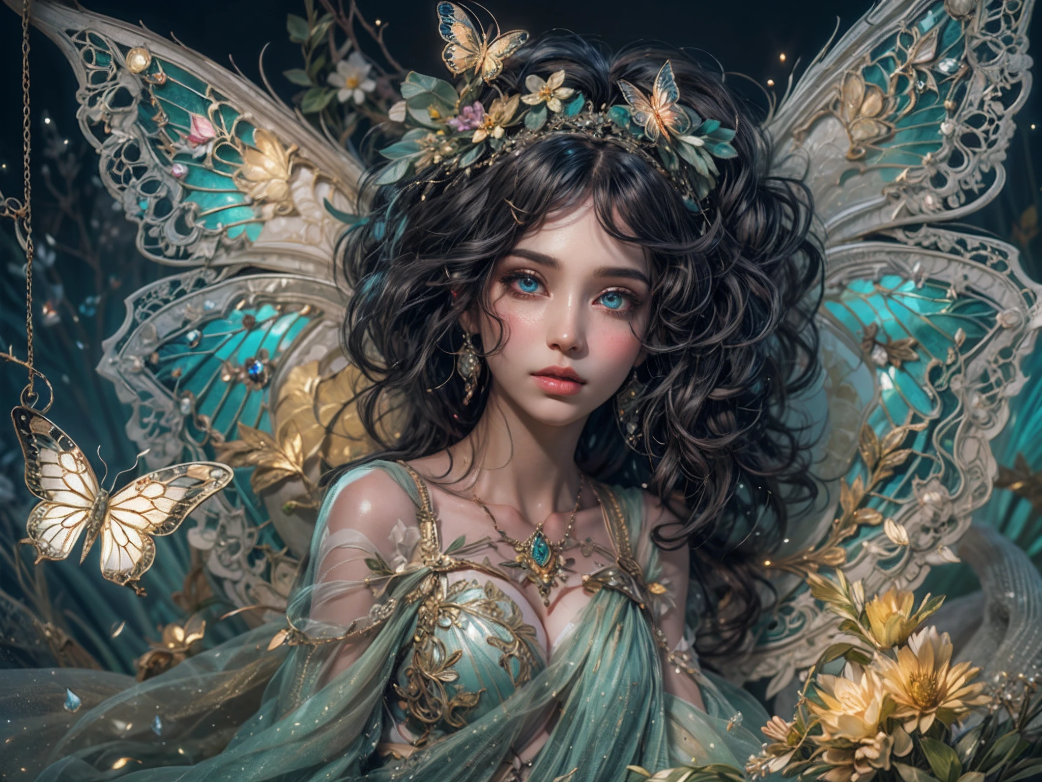 This is a realistic fantasy masterpiece with lots of shimmer, glitter, and intricate ornate detail. Generate one ite woman with a beautiful and delicate crown sitting on a garden swing at night. She is a beautiful and seductive butterfly queen with stunning curly black hair, (((incredibly realistic and detailed dynamic eyes in bright colors with realistic shading))).  Her skin is translucent white, her eyes sparkle, and her dress is elegant. Her dress is spun of the finest gossamer silk with delicate, intricate, and subtle floral detailing and gold silk butterfly sleeves. Her face is lovely and lonely. Include glow-in-the-dark flowers, lots of particles, highly realistic fantasy butteflies with translucent jewel-toned wings and fine detailing, and glow. The artwork is done in the style of Guviz and brings to mind masters in the genre such as trending fantasy works on Artstation and Midjourney. Camera: Utilize dynamic composition techniques to emphasize etherealness and delicate detail.