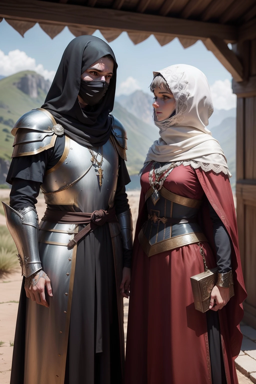 Generate an image that accurately captures the encounter between Deborah, a middle-aged woman, and Barak 50y;: Deborah, wearing a long cloak and veil according to the fashion of the time, senta-se serenamente sobre uma pedra. Barak stands before her, wearing partial armor that reflects preparation for combat. A cena se desenrola sob a sombra acolhedora de uma palmeira, com raios de sol filtrados pelas folhas, criando um jogo de luz e sombra sobre a cena. The surrounding environment suggests the hills of the mountainous region of Ephraim, conferindo um toque de isolamento e significado ao momento. Relay the details of the costumes and facial expressions to capture the historical authenticity and atmosphere of the conversation between these two key characters.