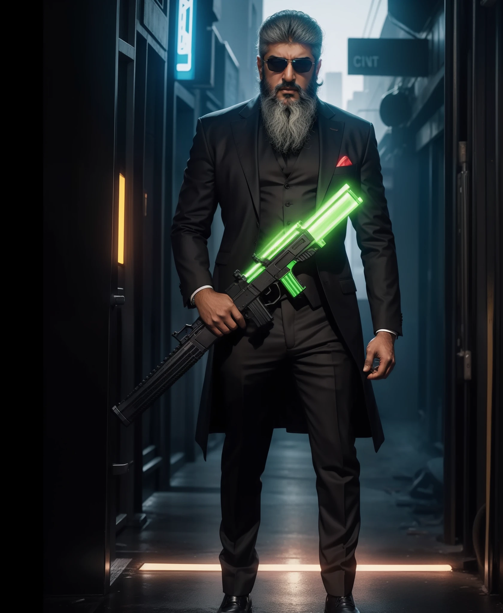 Ajith Kumar, Black Suits and long beard, Standing while holding a gun, neon city, 8k