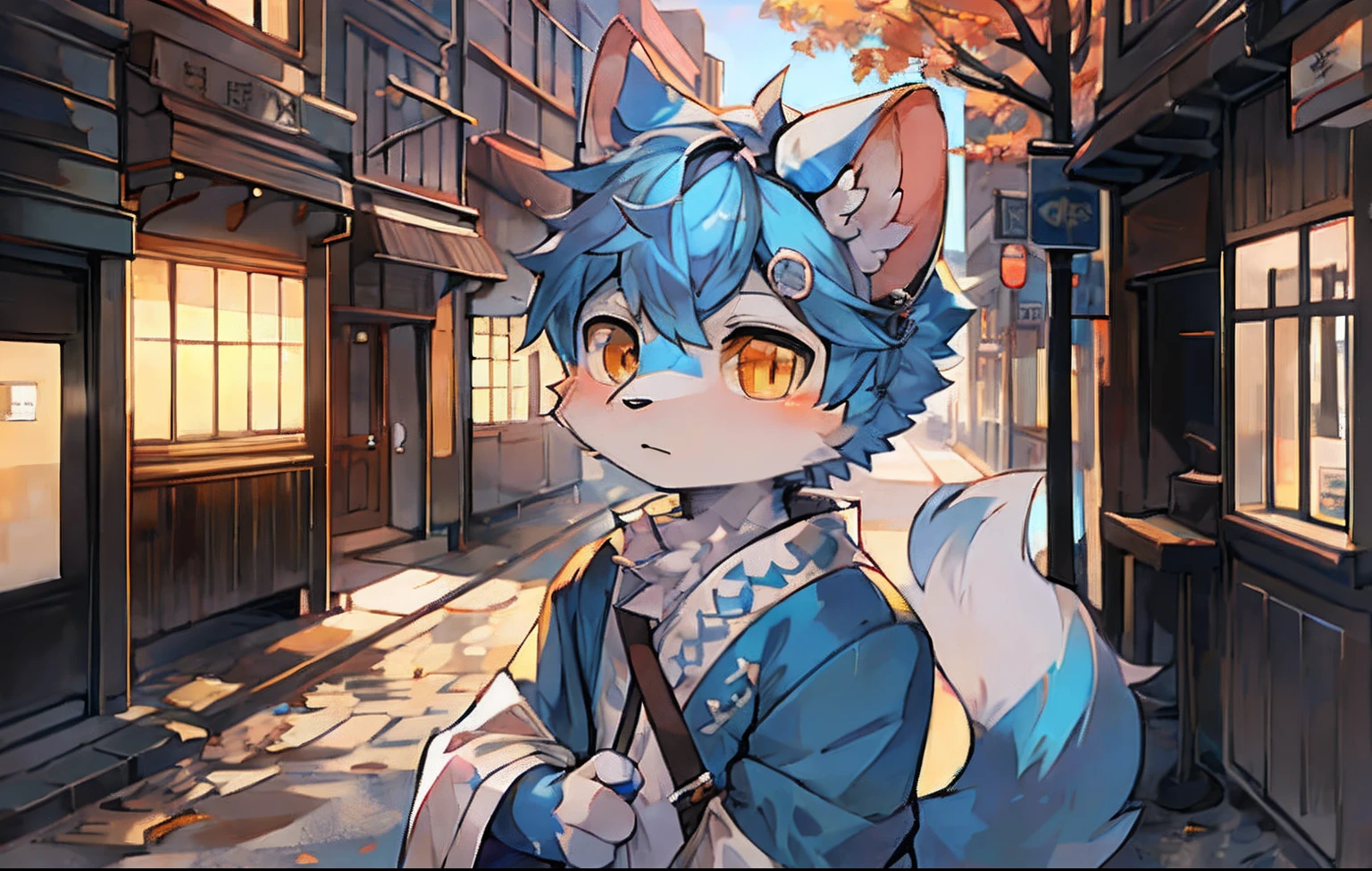 shaggy,furred,bodyfur,城市,the street,独奏,short- sleeved,BREAK BREAK BREAK,AOEU,AOEU,rodent,Blue-white fur,White-blue hair,Orange eyes,eyes with brightness