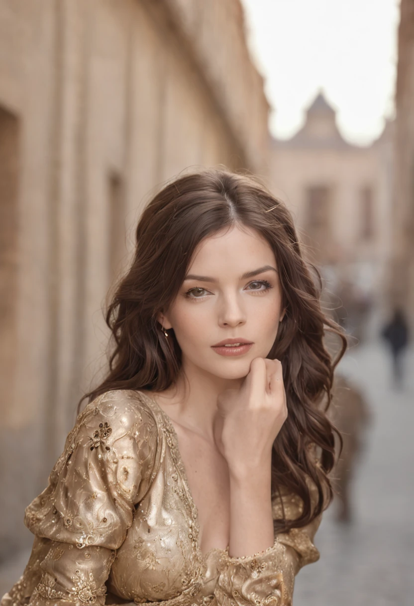 beautiful woman, ojos grises brillantes, brown-hair, Ropa negra con adornos dorados, sombrero negro, steampunk, Rustic background of the city, cielo dorado, Hiperrealismo, Kinematic, fotorrealista, 4k