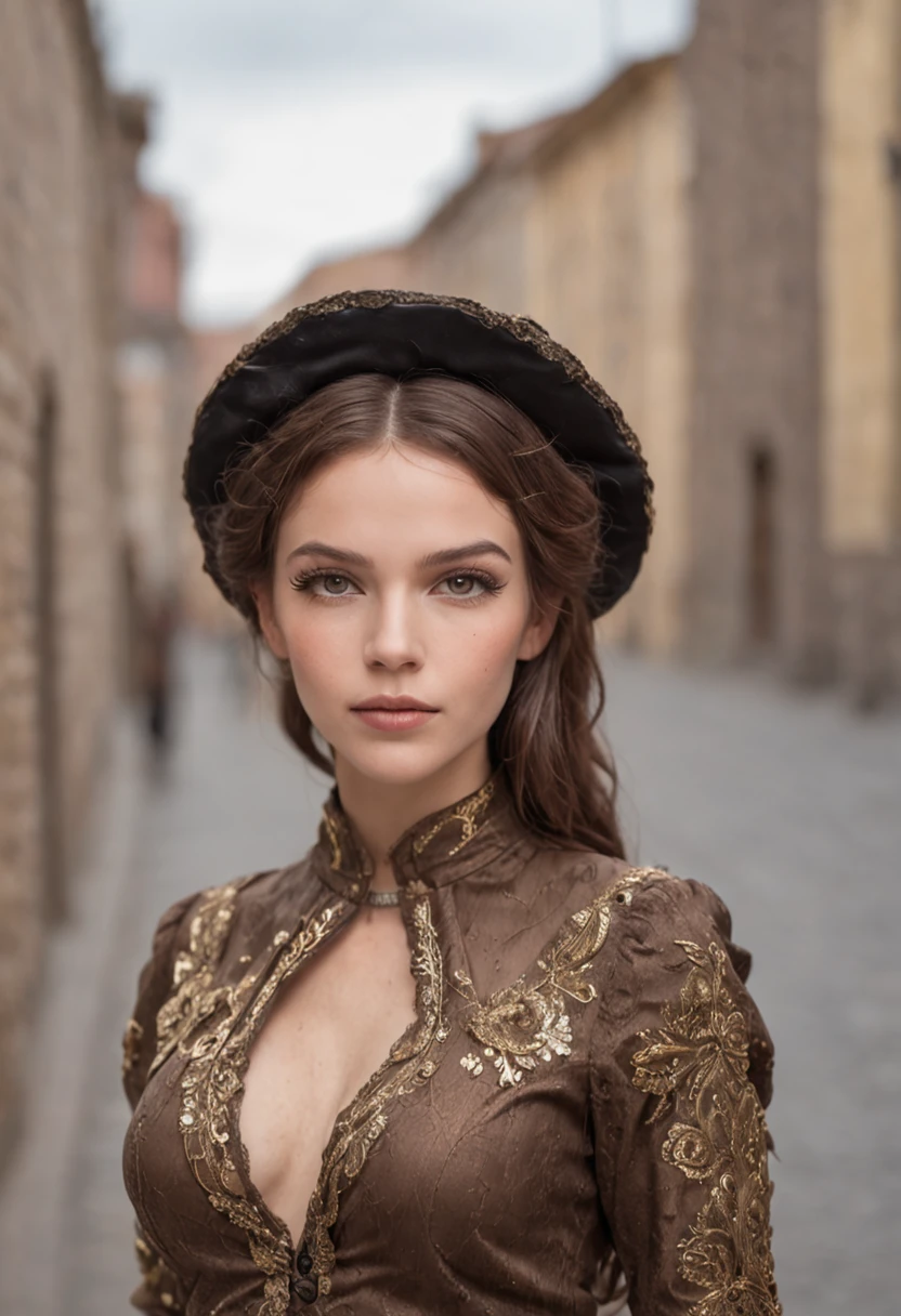 beautiful woman, ojos grises brillantes, brown-hair, Ropa negra con adornos dorados, sombrero negro, steampunk,  Rustic background of the city, cielo dorado, Hiperrealismo, Kinematic, fotorrealista, 4k