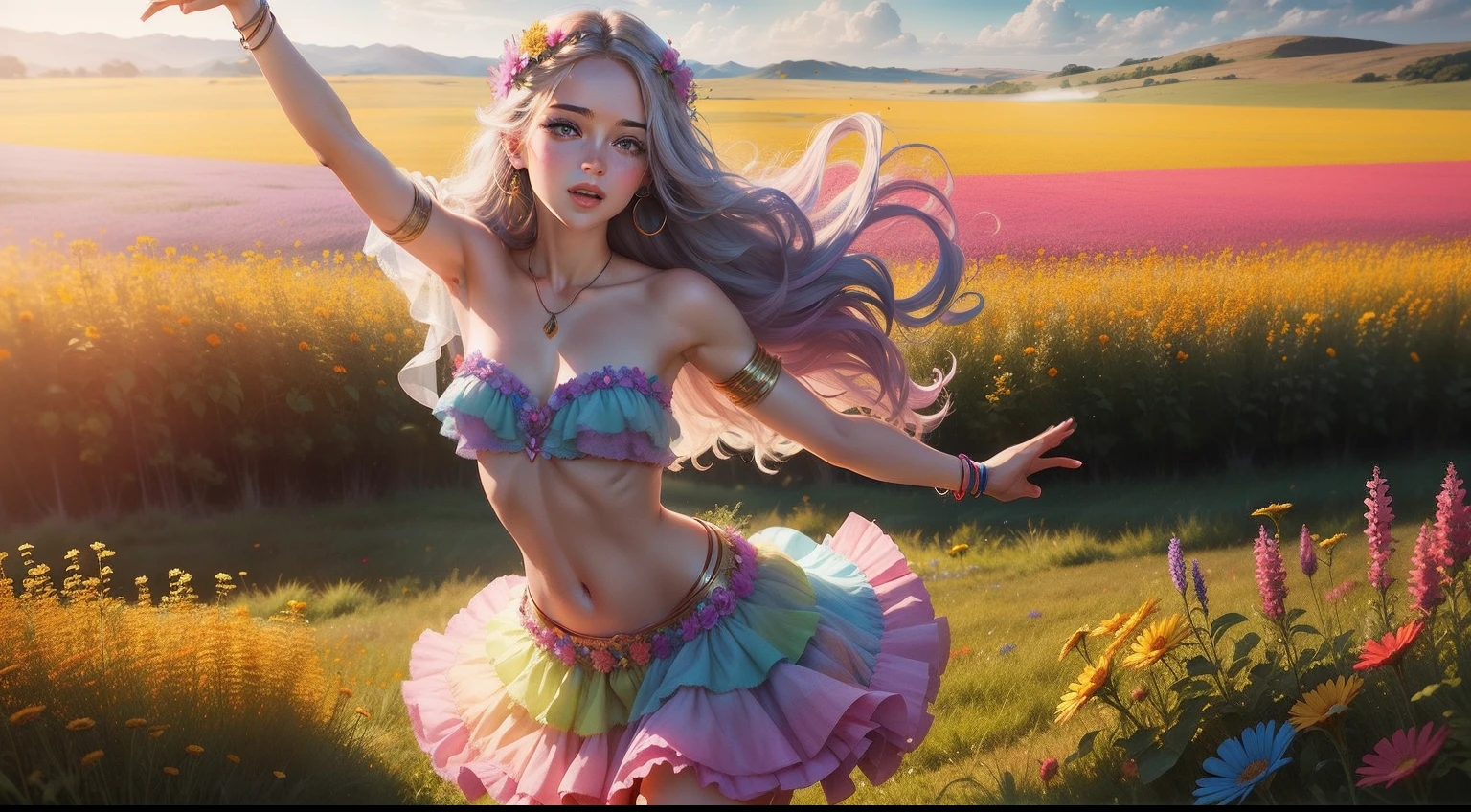 A whimsical Aphrodite, her beauty enhanced by a vibrant rainbow of colors, dancing in a field of wildflowers.