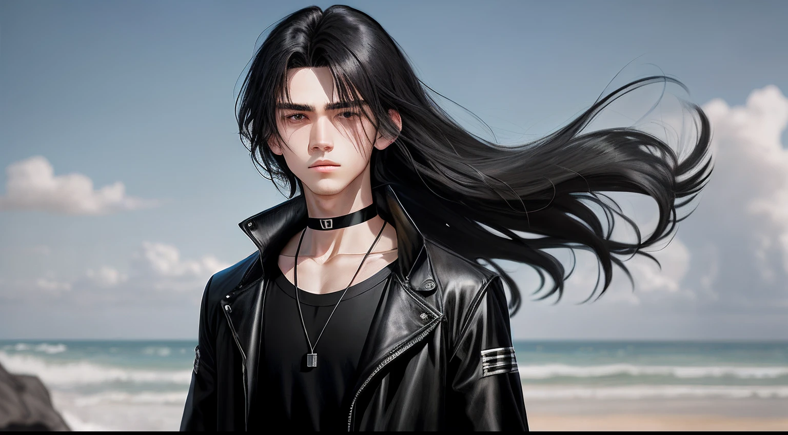 Two-dimensional wind，Black-haired boy，Black pupils，mid - length hair，Dull hair on the top of the head，choker necklace，black tanktop，Transparent coat