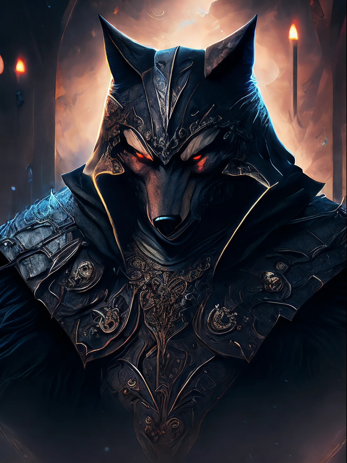 The Evil Wolf King, a closeup of a, fantasy anthropomorphism, Black Death Mask, Artstation Illustrator, intricate detials, s face, full-length portrait, low key light, illustartion, UHD, 4K Гиперреалистичный, powerful, mist, Very detailed, Clear Focus, Professional, 8K UHD, Cinematic, Dark, Violent, En plein air, Obscurity,mist, haze, Mysterious atmosphere, dramatic, The vibrant, Mysterious atmosphere, Rendering, Epic, twilight, HDR, an album cover, mist, eye shadow, disaster