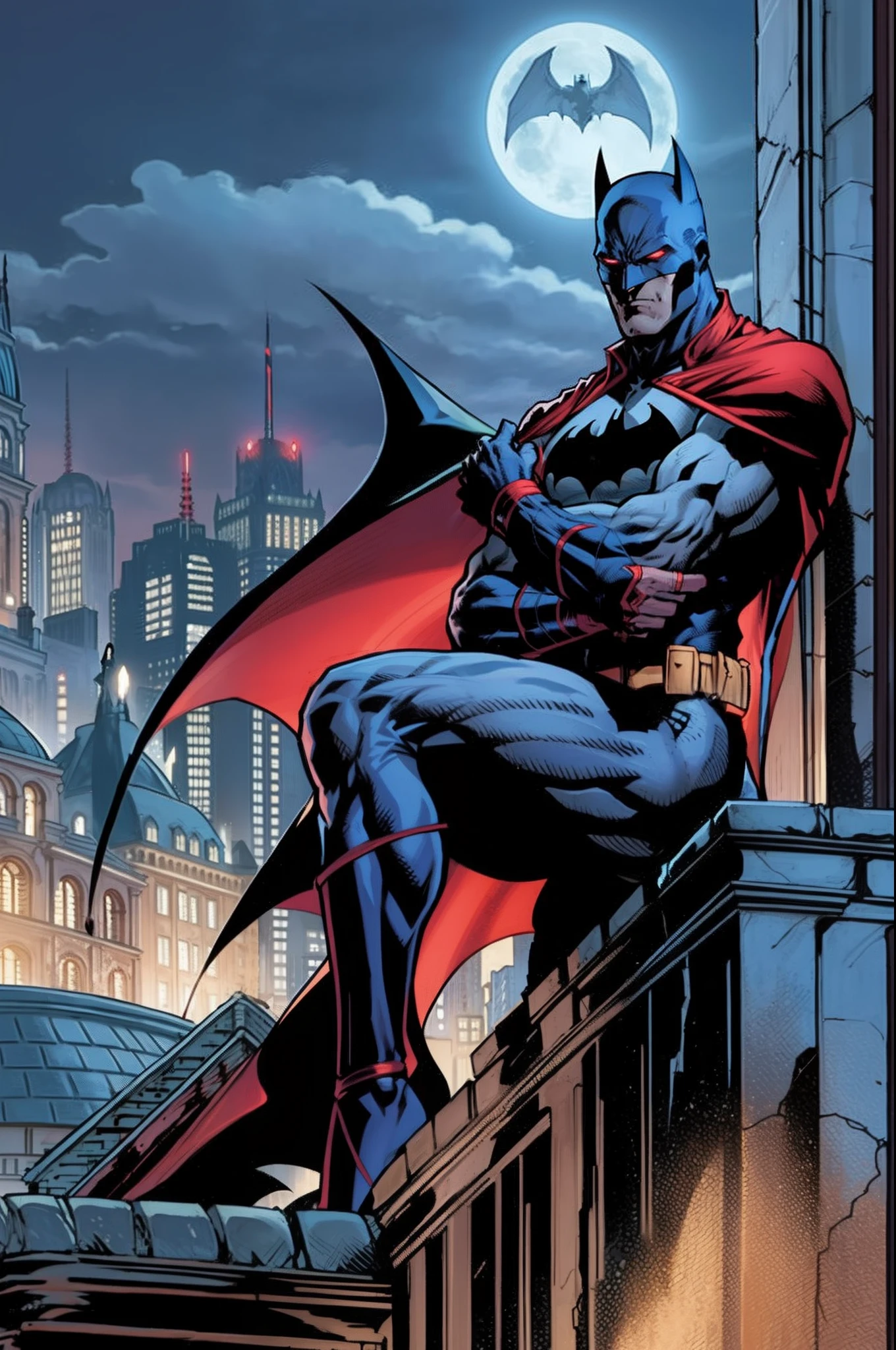 Batman stands on the terrace of the Gotham City Police Station building next to a Gargoyle made of concrete that makes the terrace. There is a lot of blood around him and he watches intently looking for the causes of this mystery. Bataman is going strong, olhos brilhantes , His uniform also has blood remnants from the fight he had earlier with cyber vampires at Dracula's behest. Is Dracula hiding on the terrace where Batman is found??