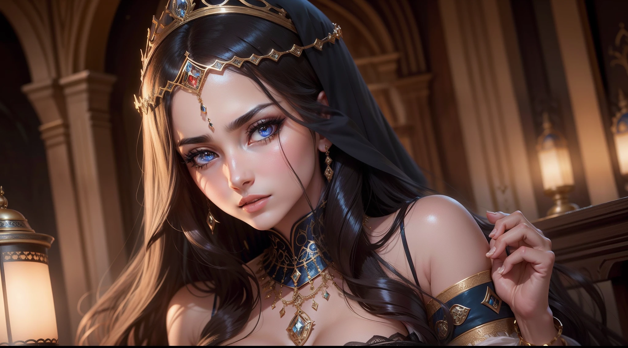 demonic goddess, astarte, mysterious and ominous, glowing blue eyes, graceful yet sinister pose, dramatic lighting, moody and atmospheric, cinematic camera angle, (best quality,4k,8k,highres,masterpiece:1.2),ultra-detailed,(realistic,photorealistic,photo-realistic:1.37), volumetric lighting, golden hour