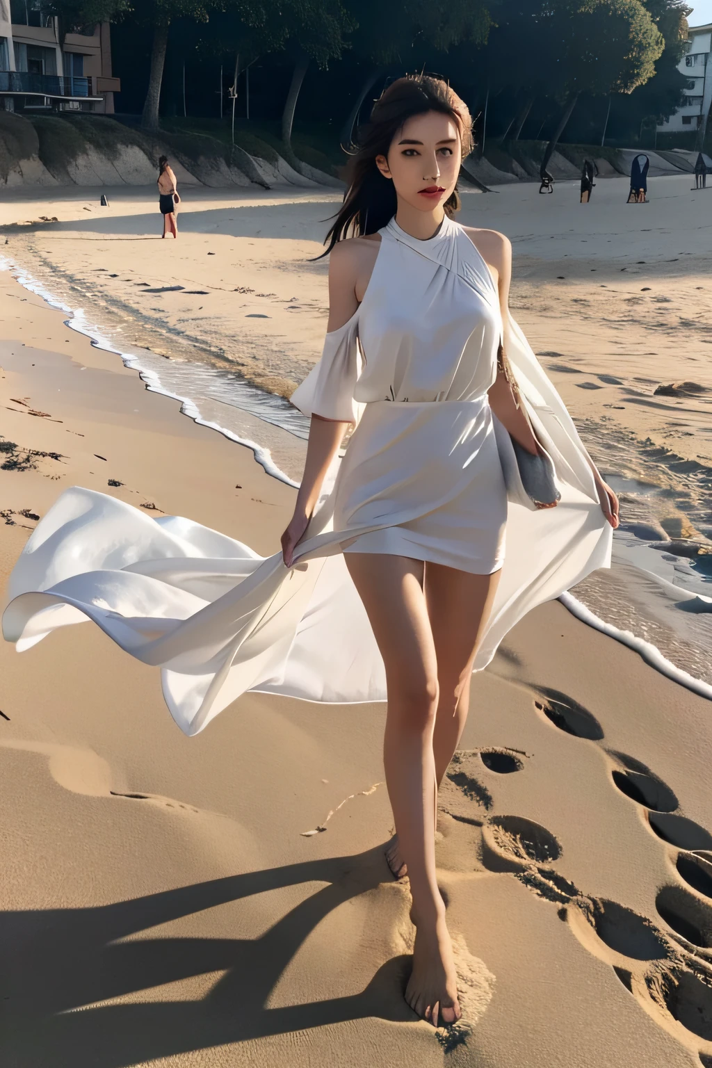 (masterpiece, best quality:1.2), 1girl, solo, standing, arm up, stretching, delicate face, white-skinned female, see-through silhouette, white dress, full body, outdoor, on the beach