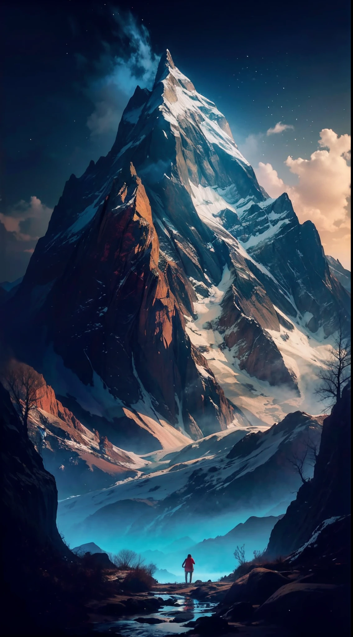 lanscape, 8k landscape of beautiful snow mountain with human standing back with red hoodie, rule of third photography, intricate, elegant, realistic depth of field photography, perfect natural lighting (masterpiece, sidelighting, finely detailed beautiful lanscape), realistic leav, realistic cloud, realistic mountain, realistic sky, beautiful sky, ray of light, rule of third photography, point of interest photography, perfect lanscape color tone, realistic river, realistic flower, realistic grass, realistic stone, realistic climb, realistic tree, best lanscape color tone, realistic land, realistic fog, add grain,