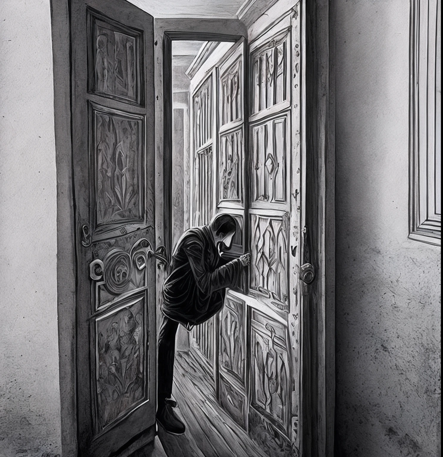 Pintura da esquizofrenia, sombria, gritar, homem de capuz em uma porta, sombria, Assustadora, made by an artist in a black and white asylum, arte estilo rabisco dark