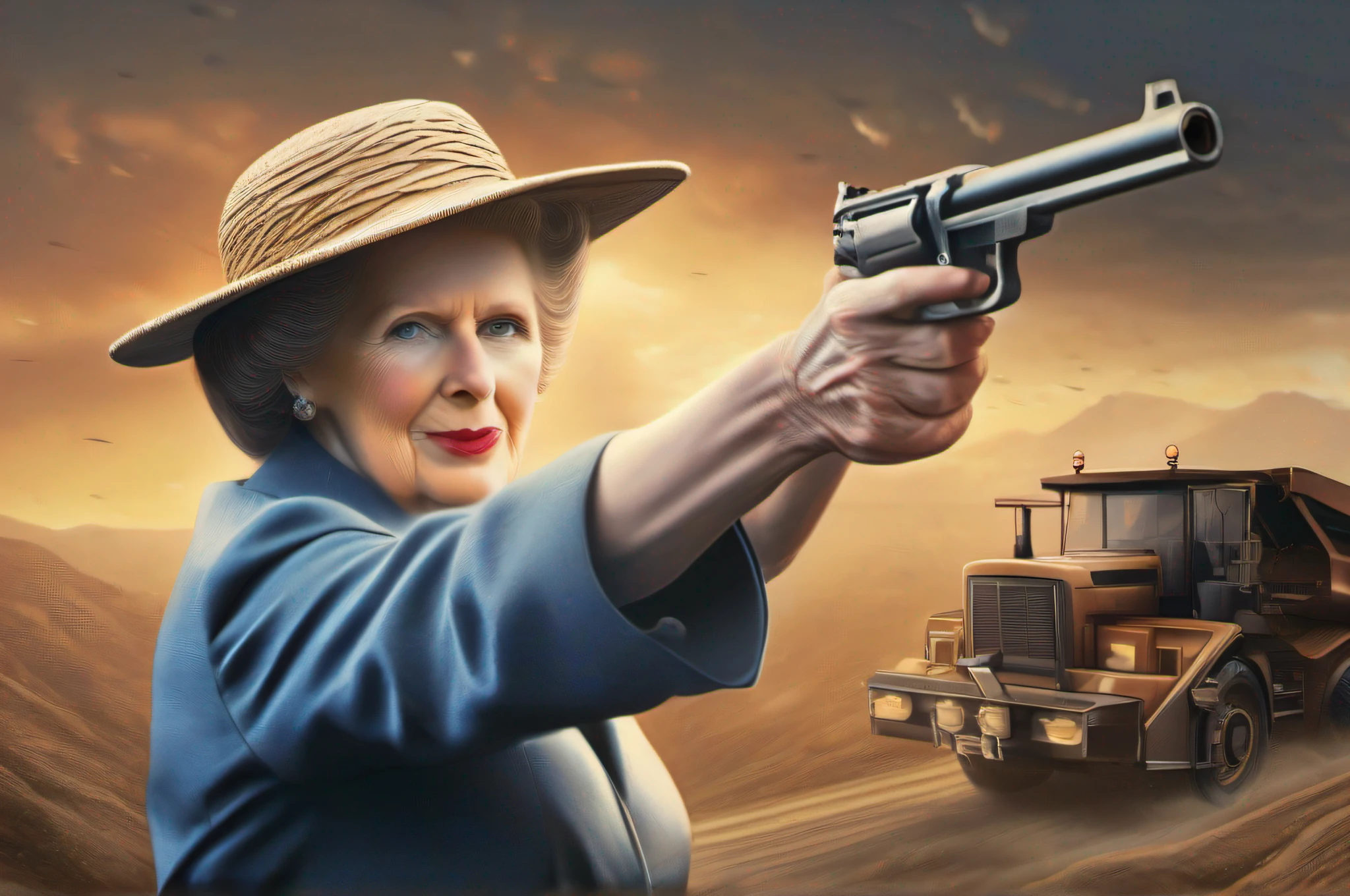 (((Margaret Thatcher shoots a miner))), (ultra high res, best quality,), (8k, raw photo, best quality, masterpiece, hyper realistic), best quality, masterpiece, CG, unity ,wallpaper, official art, Amazing, finely detail, , extremely detailed, highly detailed, sharp focus, rich background, (real persons, photograph), ((high detailed skin)), REAL FILM GRAIN, ((evening dramatic light)).