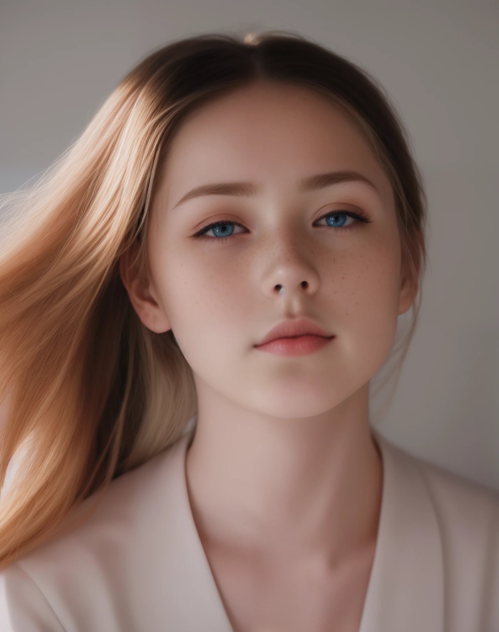 Blonde woman with freckles and freckles、light falling on face、young female face、color portrait、Women with freckles、woman's face looking off camera、pale skin with freckles,,、young female face、young female face、infp young woman、Light and cute freckles、freckled face、Soft portrait shots 8 k、Soft shadows on the face、zora々Shishi Face、light freckles,14years,Light blue eyes,doress