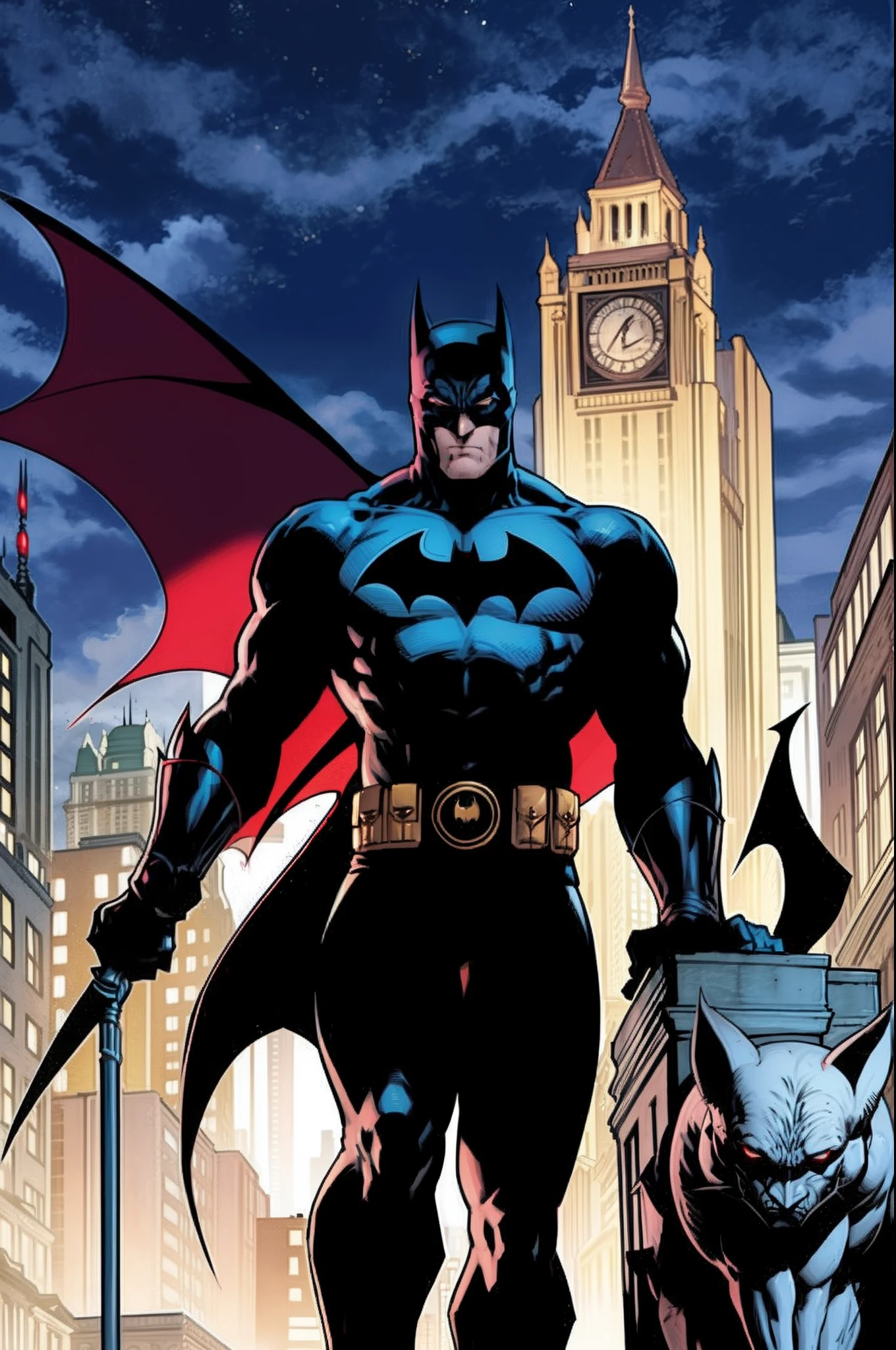Batman stands on the terrace of the Gotham City Police Station building next to a Gargoyle made of concrete that makes the terrace. There is a lot of blood around him and he watches intently looking for the causes of this mystery. Bataman is going strong, olhos brilhantes , His uniform also has blood remnants from the fight he had earlier with cyber vampires at Dracula's behest. Is Dracula hiding on the terrace where Batman is found??