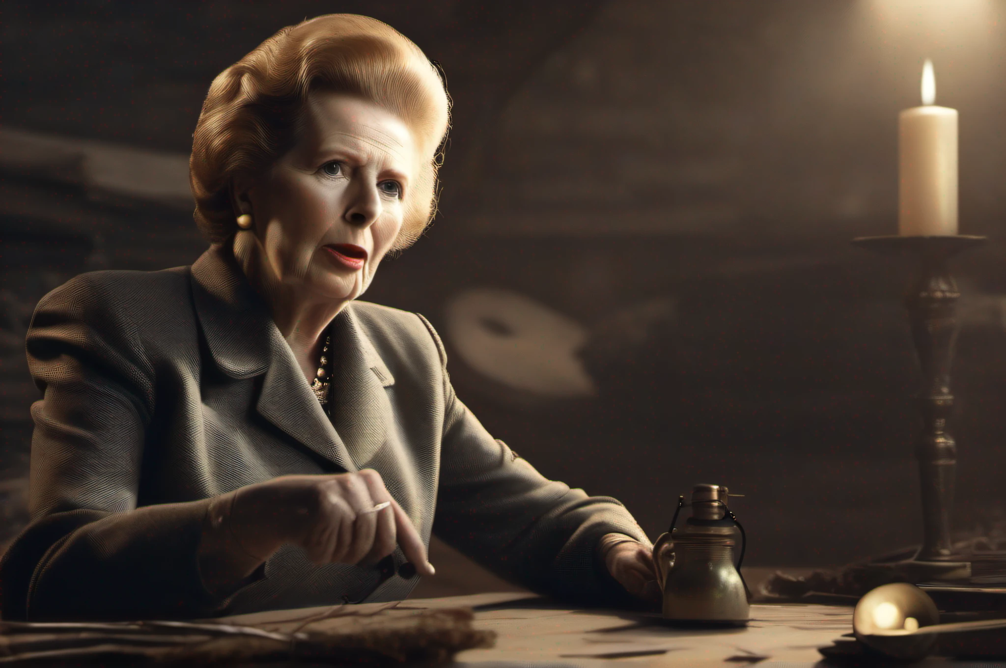 (((Margaret Thatcher shoots a miner))), (ultra high res, best quality,), (8k, raw photo, best quality, masterpiece, hyper realistic), best quality, masterpiece, CG, unity ,wallpaper, official art, Amazing, finely detail, , extremely detailed, highly detailed, sharp focus, rich background, (real persons, photograph), ((high detailed skin)), REAL FILM GRAIN, ((evening dramatic light)).