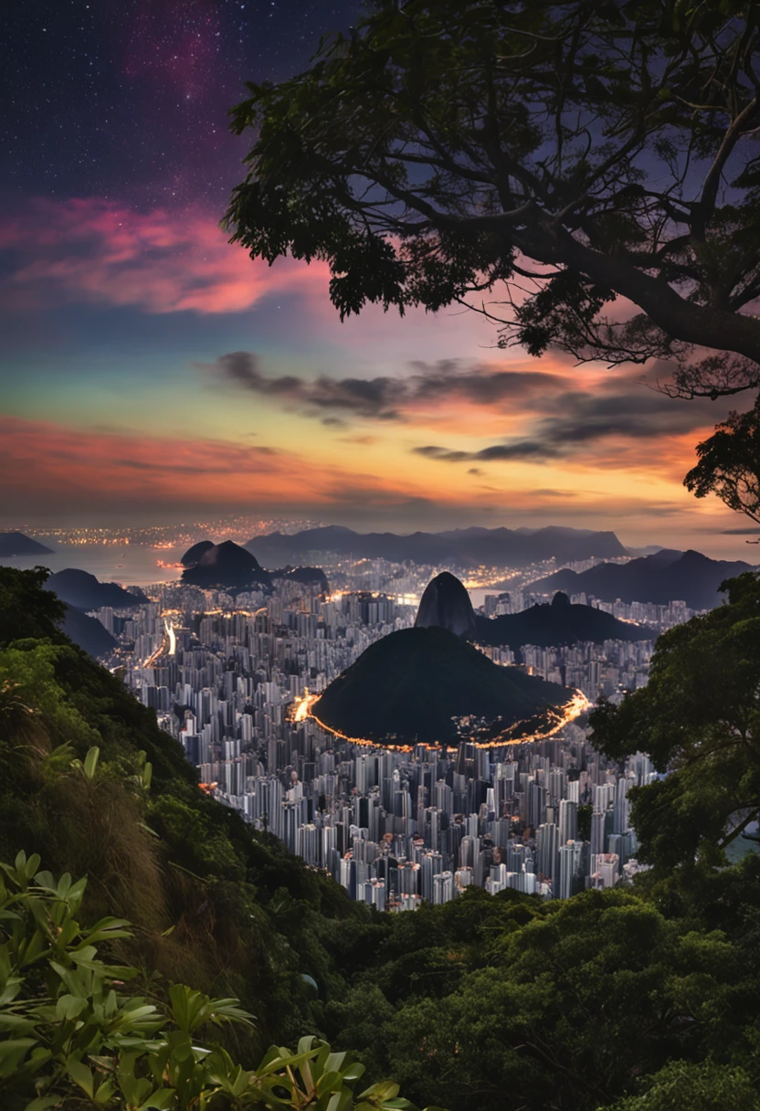 noite escura, um urubu sobrevoando o morro Vista Chinesa, no Rio de Janeiro, stars in the sky and many trees descending over the precipice