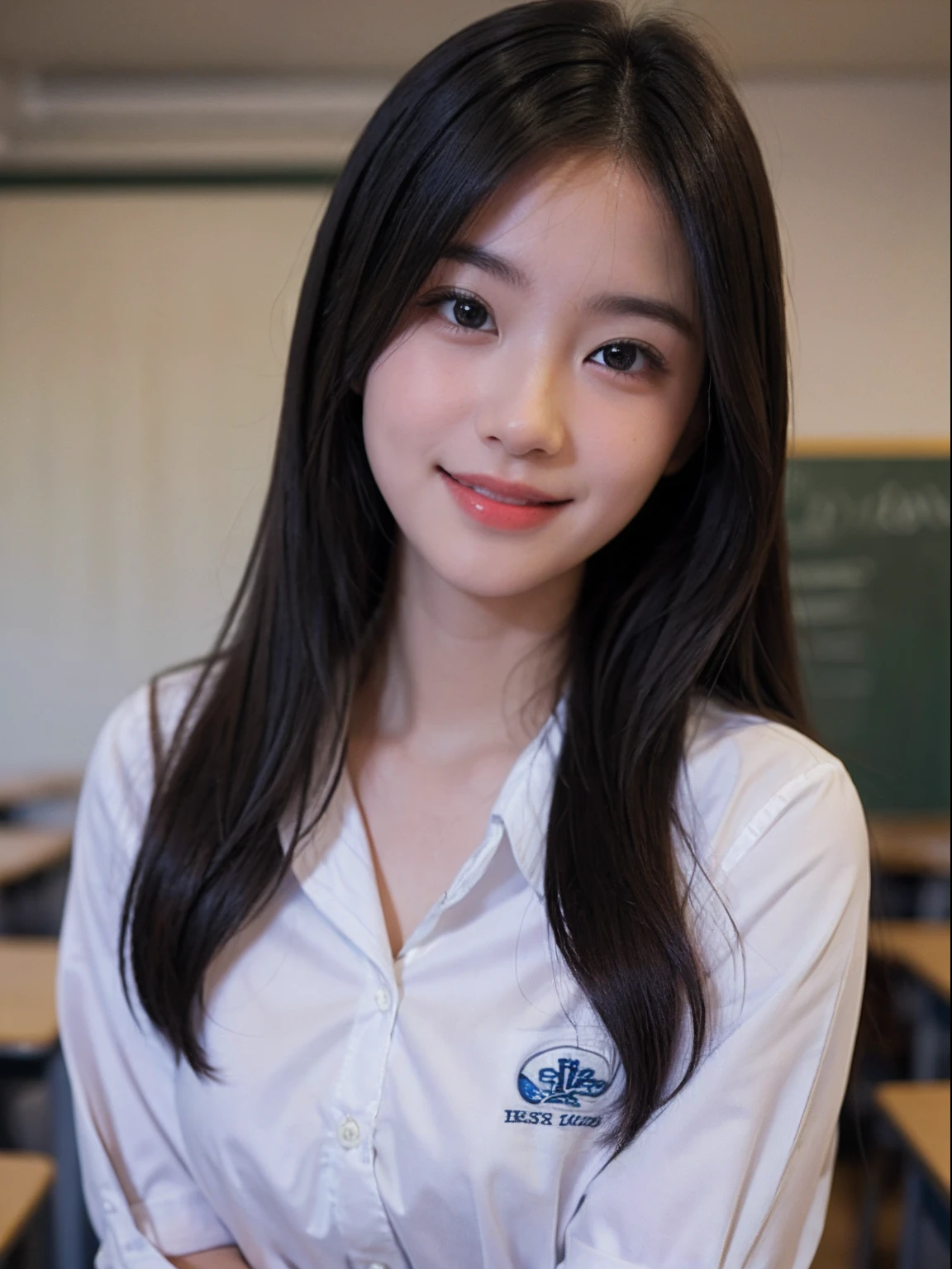 1girl in,8K, Raw photography, top-quality, ​masterpiece, realisitic, Photorealsitic, A smile, Schoolgirl Uniform, Pretty beauty，High School Classroom, The upper part of the body,