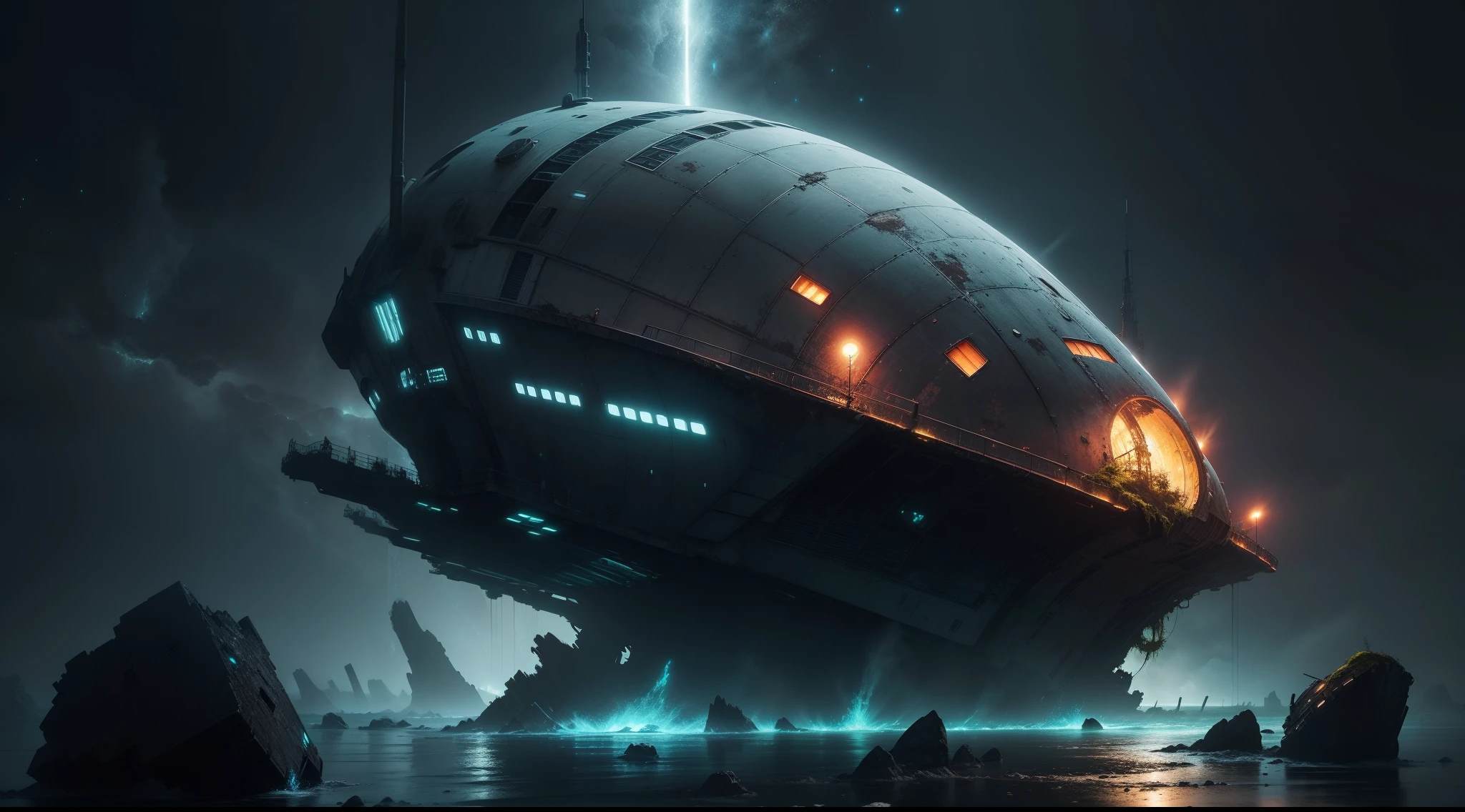 A huge spaceship, covered with moss and rust, lies in the ocean , rocks , Black water, Dark Colors, wreck, Lights are burning on the spaceship, Dark tones , night  sky, the panorama, artstyle