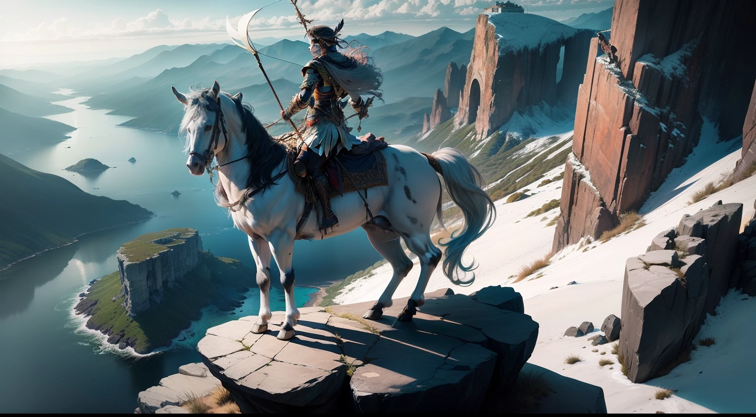 A majestic Artemis stands atop a rocky cliff, bow and arrow in hand, surveying the vast landscape below.