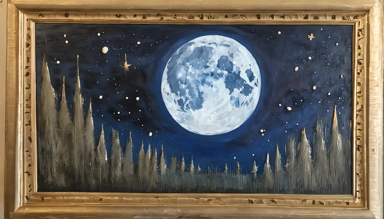 "Generate a highly detailed, realistic image of the blue moon in a nighttime setting. Make sure the moon has a natural appearance, with a textured surface, visible craters, and a soft, eerie blue tone. The moon should be in the center of the image, with bright stars dotting the dark sky around it. Add a sense of depth and dimension to the moon and sky to create a captivating, realistic atmosphere."