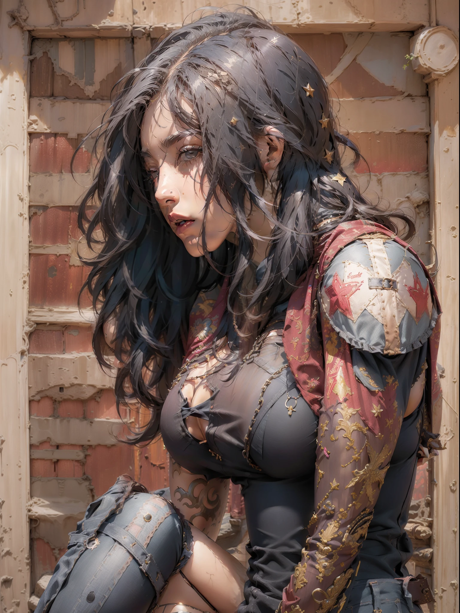 (((mulher))), (((melhor qualidade))), (((obra prima))), (((adulto))), (((1girl))), ((( de costas ))), ((( corte de cabelo bob ))), Uma gladiadora cyberpunk mulher de 25 anos com corpo perfeito, ((( Back view ))), ((( butt ))), shoulder pads with metal spines, Gladiadores do Brooklyn, (( corte de cabelo bob )), tiny leather panties, camiseta de time de rugby rasgada, quase nua no estilo selvagem urbano de Simon Bisley para a capa da revista Heavy Metal, Cabelo loiro curto, Minimum clothing, Metal protection on the left arm with intricate graphics, Dark red with white stars and white and navy blue checkerboard pattern, armadura, cheio de pontas e rebites, (((do joelho pra cima))), cabelos loiro branco curto, no fundo uma parede pintada por Shepard Fairey com um design intrincado