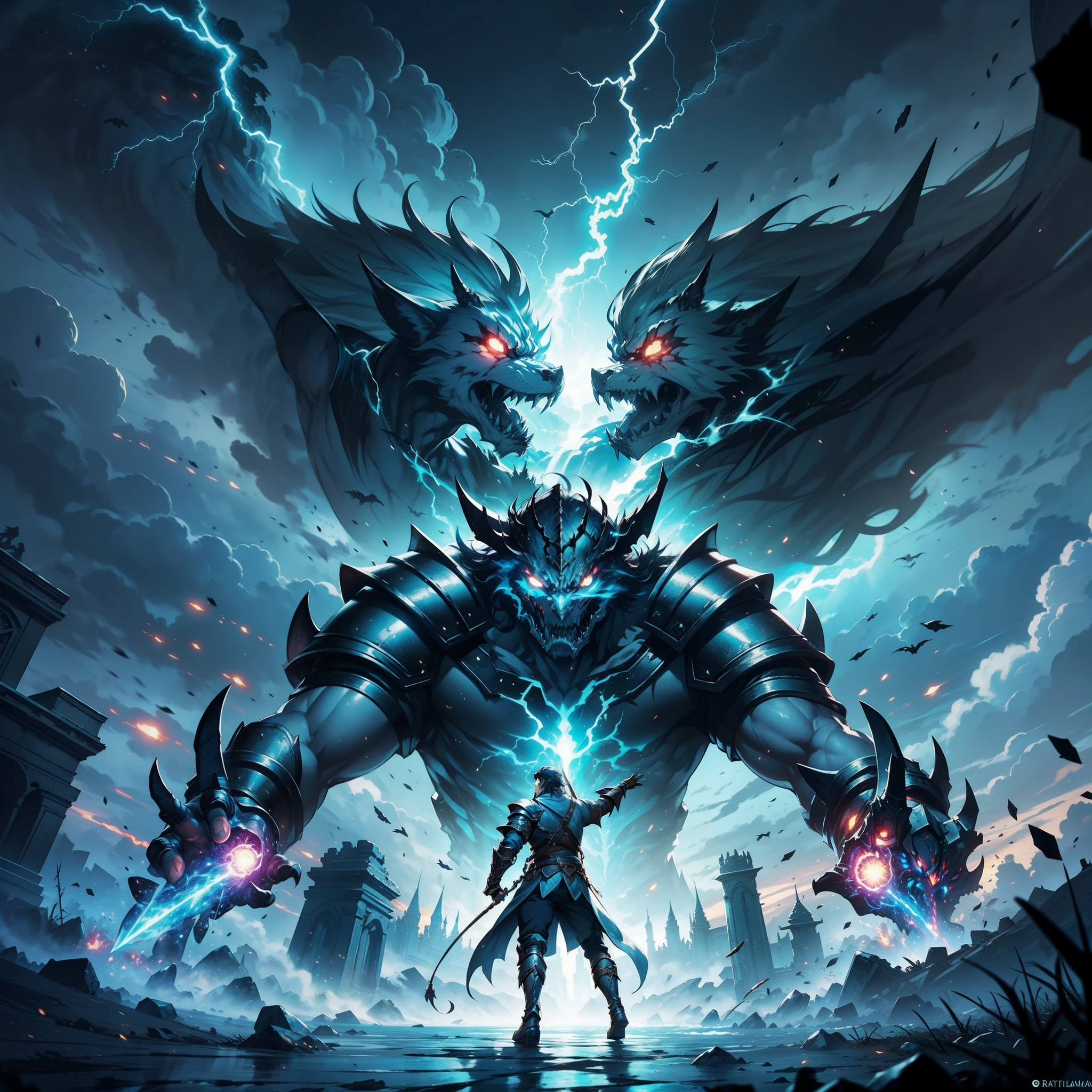 In the epic battle scene of Castlevania: Lords of the Shadows, imagine the formidable confrontation between Gabriel Belmont wearing full body Wear leather Armor heavy armor and the fearsome Titan atop the ancient mountaintop. Lightning crackles in the stormy sky as they engage in a legendary confrontation, Leurs pouvoirs entrent en collision avec une force qui fait trembler la terre. The Titan's colossal fists collide with Gabriel's enchanted whip, tandis que le paysage tremble sous leur lutte titanesque