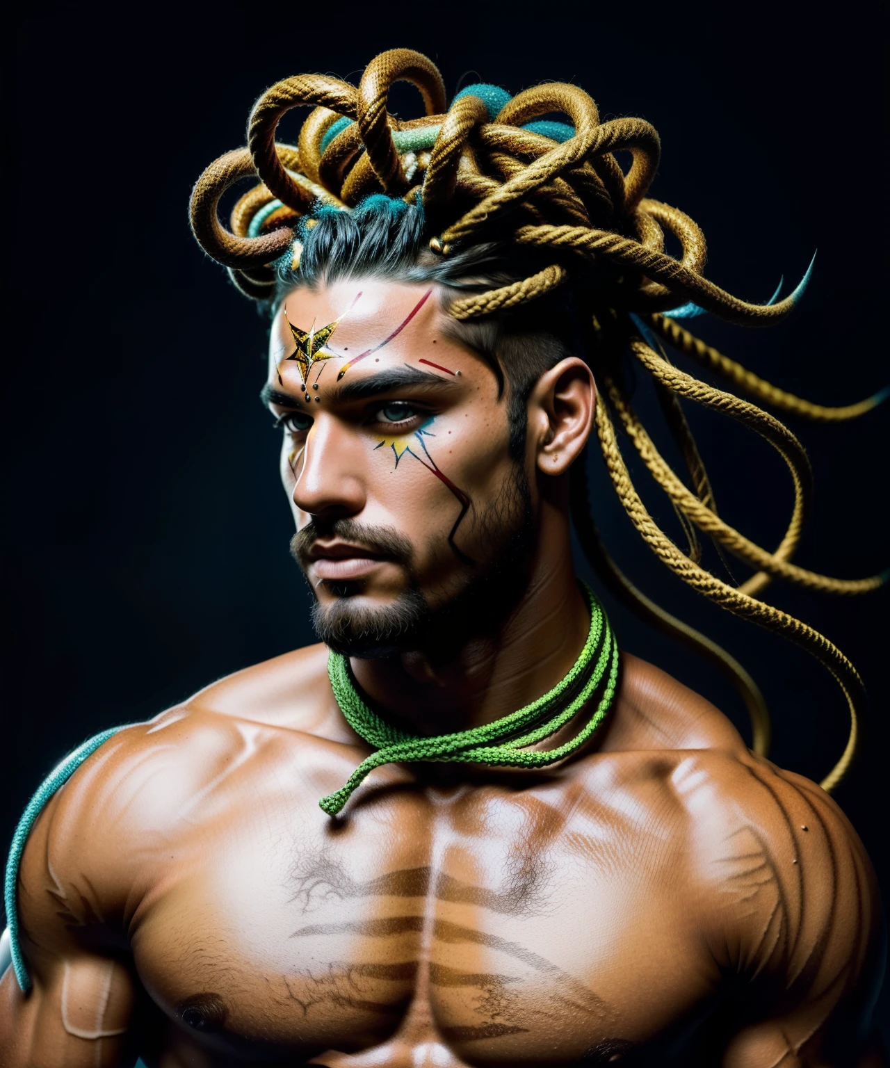 An award winning photography of a Beautiful male muscled with medusa on his head and a fish net , colored body,  multicolor decorated abstract skin, surreal decorated skin, surrealism, masculine, stellar explosion in the background, full body in motion, defined body, full body, stunning realistic, raw photograph, defined body,maximalism, octane render, unreal, 8k, depth of field, bokeh, black ink, 8k, hyperreal, 50mm, kodak portra 400, photograph by Martin Schoeller, Natural Light, natural skin, real skin texture