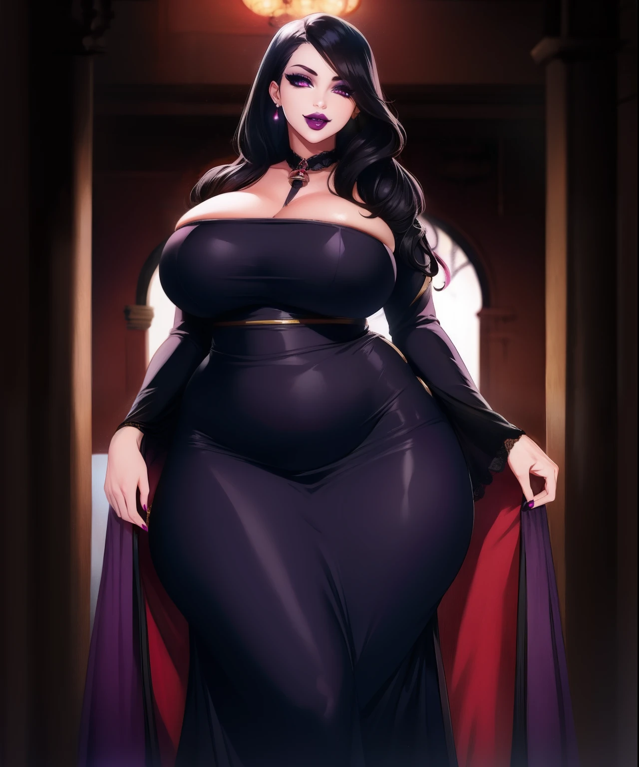 Female, vampire, brown skin, purple eyes, long lashes, dark eye shadow, plump lips, big lips, black painted lips, vampire fangs, wavy black hair, butt length hair, long black nails, curvy body, voluptuous figure, wide hips, big breasts, vampire clothing, long vampire dress, bell sleeves, inside manner, old manner, ambient lit manner, sly smile, facing viewer, standing.