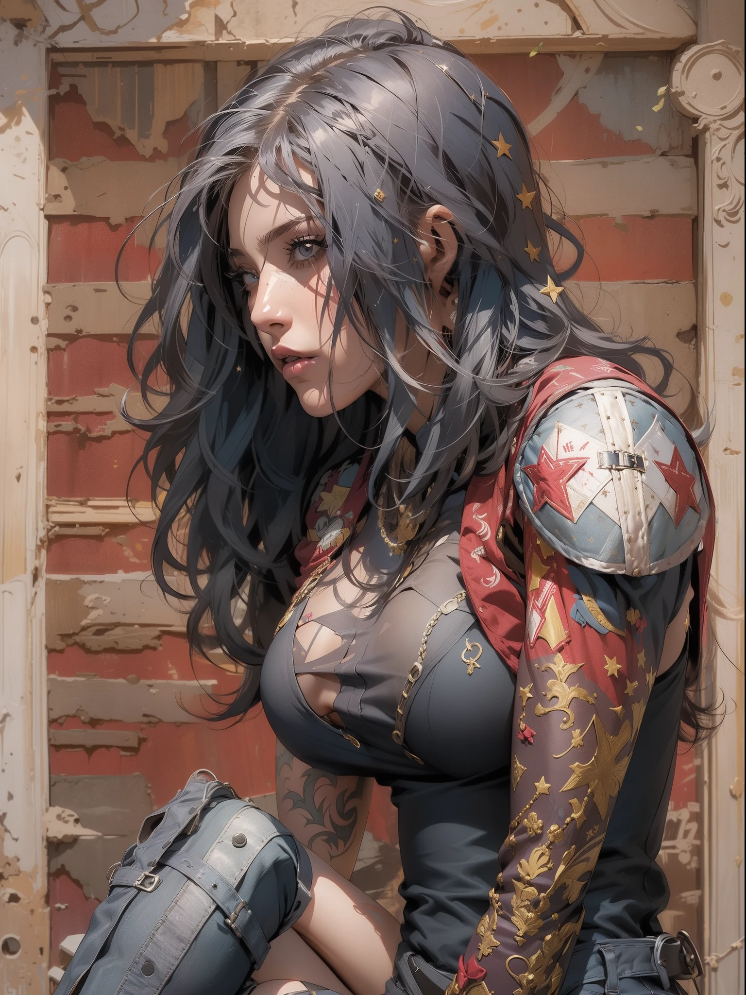 (((mulher))), (((melhor qualidade))), (((obra prima))), (((adulto))), (((1girl))), ((( de costas ))), ((( corte de cabelo bob ))), Uma gladiadora cyberpunk mulher de 25 anos com corpo perfeito, ((( Back view ))), ((( butt ))), shoulder pads with metal spines, Gladiadores do Brooklyn, (( corte de cabelo bob )), tiny leather panties, camiseta de time de rugby rasgada, quase nua no estilo selvagem urbano de Simon Bisley para a capa da revista Heavy Metal, Cabelo loiro curto, Minimum clothing, Metal protection on the left arm with intricate graphics, Dark red with white stars and white and navy blue checkerboard pattern, armadura, cheio de pontas e rebites, (((do joelho pra cima))), cabelos loiro branco curto, no fundo uma parede pintada por Shepard Fairey com um design intrincado