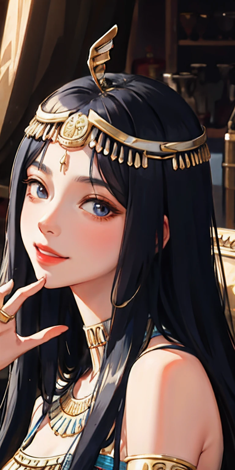 realisticlying、Ancient Egypt、Two girls in Cleopatra style、Clothing in the time of the pharaohs、Slightly emphasizes breasts and cleavage、Face Real、A sexy、Face smile、Breasts enlarged