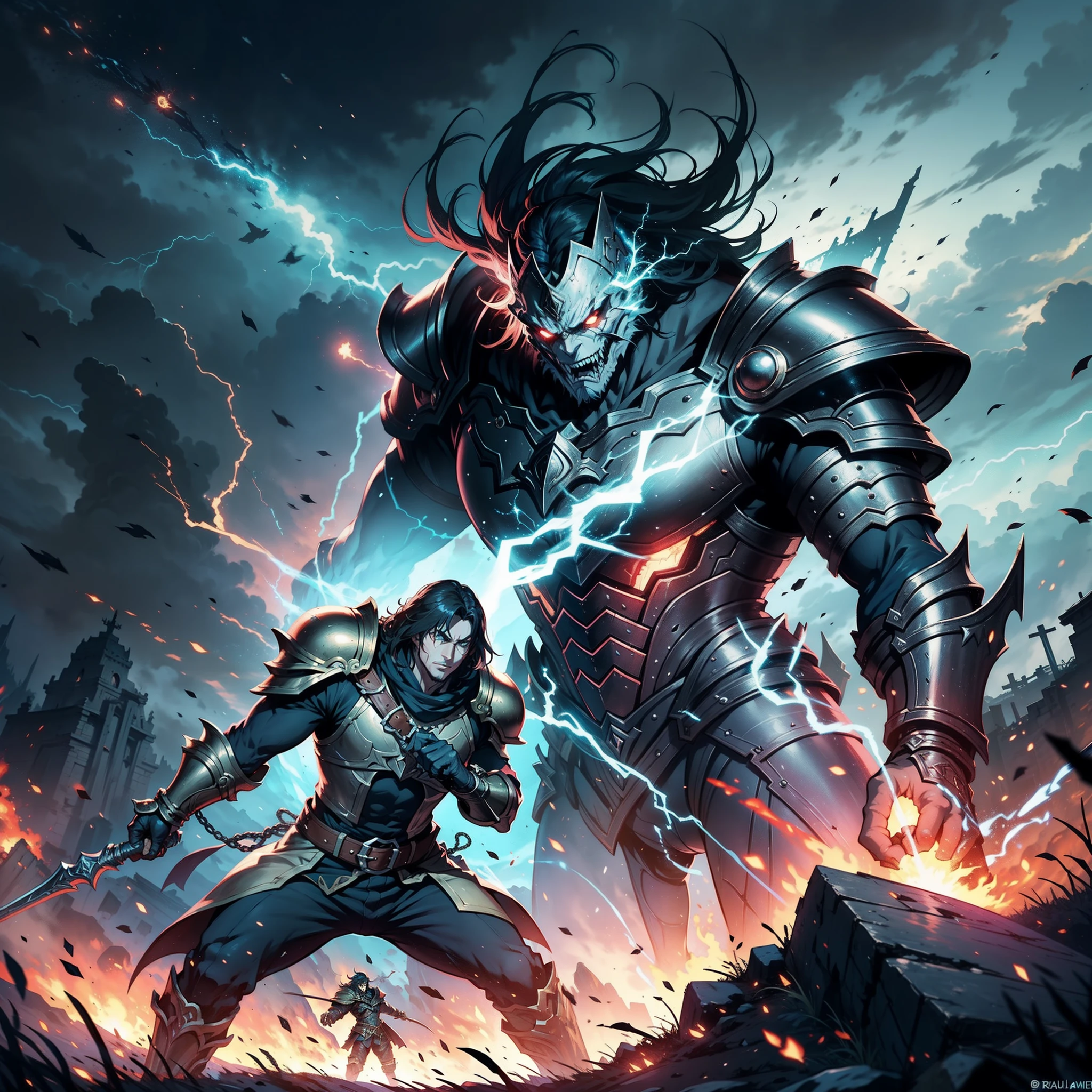 In the epic battle scene of Castlevania: Lords of the Shadows, imagine the formidable confrontation between Gabriel Belmont wearing full body Wear leather Armor heavy armor and the fearsome Titan atop the ancient mountaintop. Lightning crackles in the stormy sky as they engage in a legendary confrontation, Leurs pouvoirs entrent en collision avec une force qui fait trembler la terre. The Titan's colossal fists collide with Gabriel's enchanted whip, tandis que le paysage tremble sous leur lutte titanesque