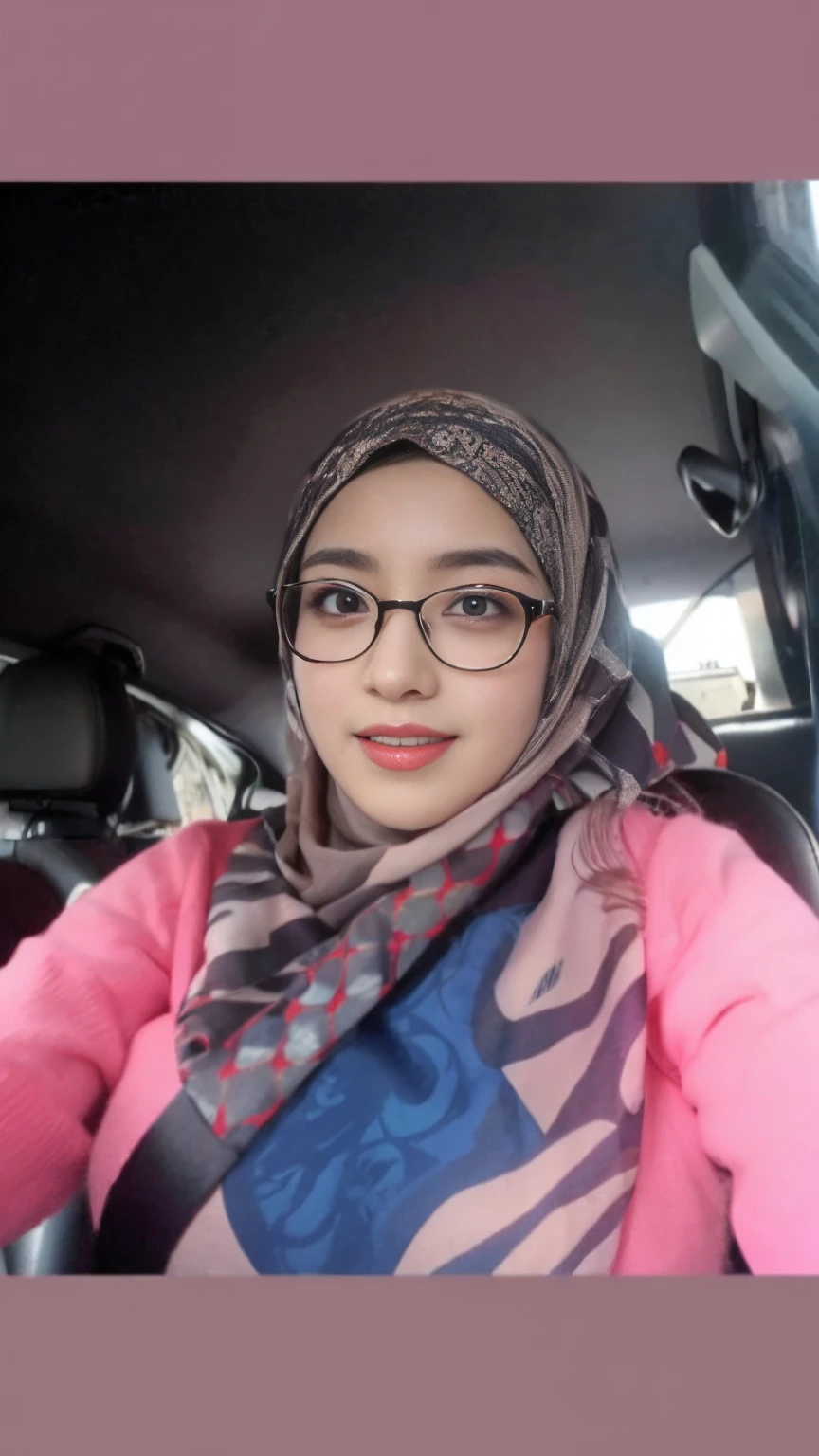 arafedq woman wearing glasses and a white sweater in a car, with glasses, spectacled, with accurate face, hijab, 2 7 , fetish wear, big tits, open clothes, white skin