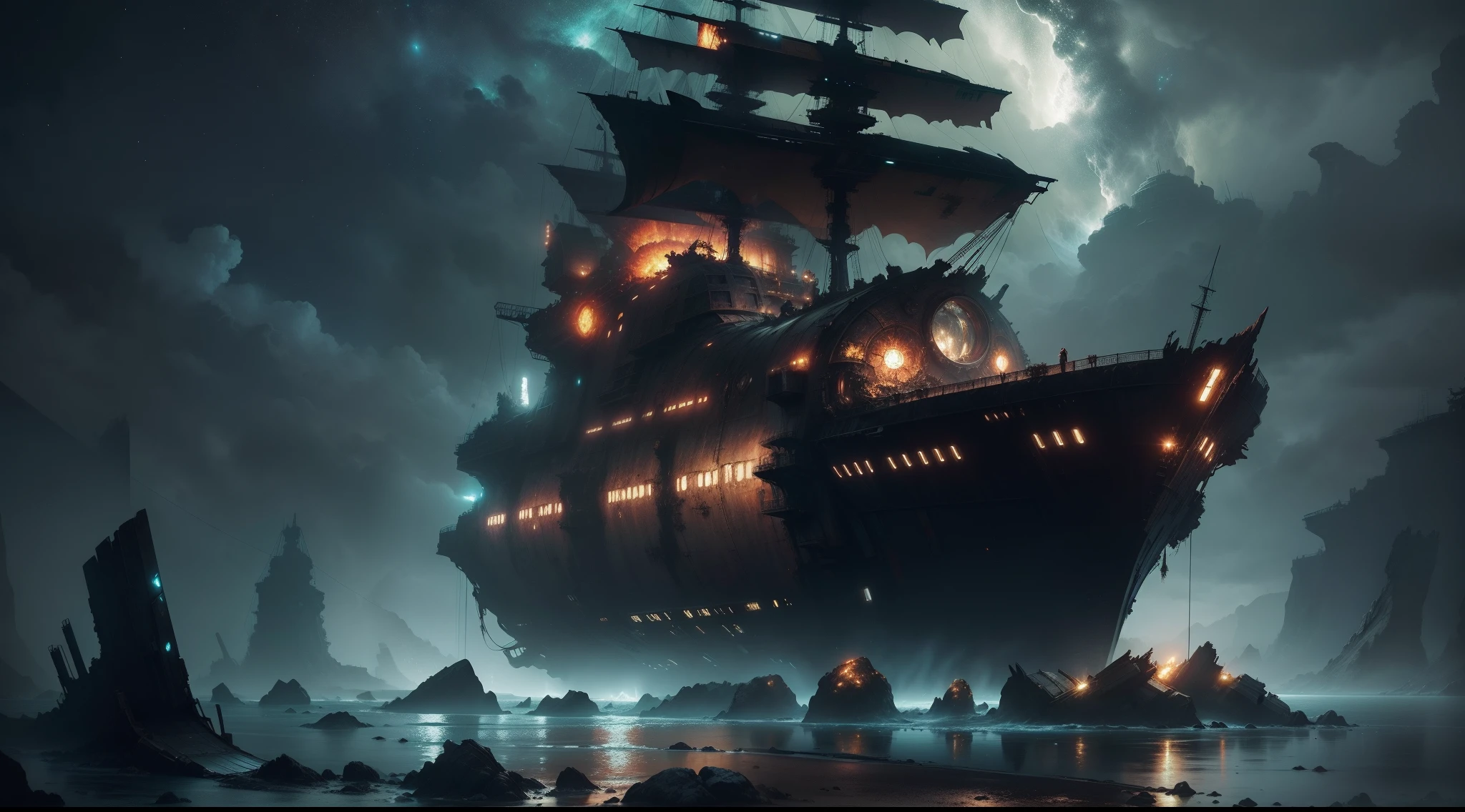 Huge spaceship damaged, covered with moss and rust, lies in the ocean , rocks , Black water, Dark colors, wreck, Lights are on on the spaceship, Dark tones , night sky, the panorama, artstyle, steampunc,