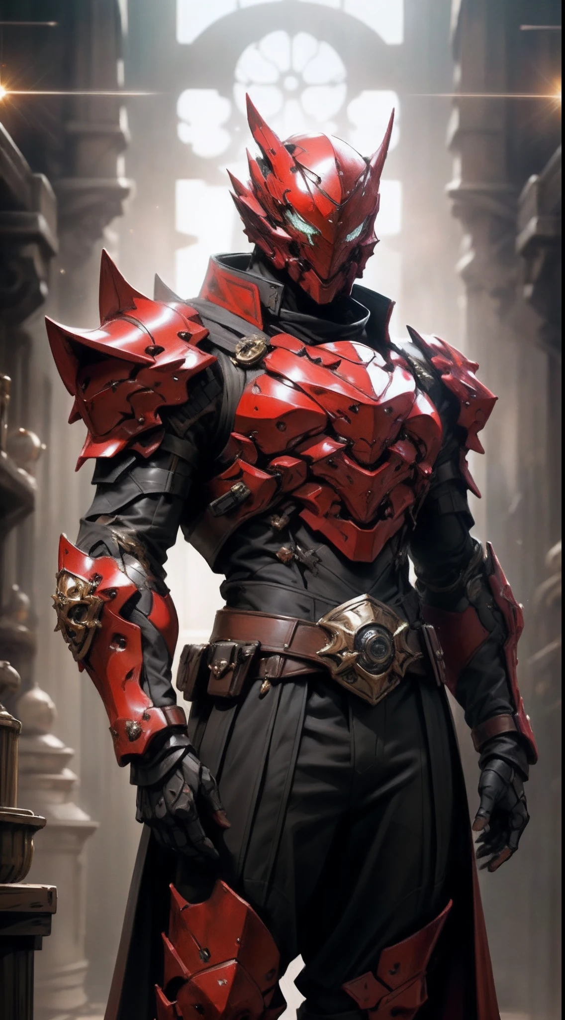 A man wearing a full-face helmet that covers most of his face, adorned in a biomimetic fantasy-style armor, the predominant black color is accented with red textures in the design this character embodies a finely crafted fantasy-style armored warrior design in anime, ((character concept art)), high definition, best quality, ultra-detailed, extremely delicate, anatomically correct, symmetrical face, extremely detailed eyes and face, high quality eyes, creativity, RAW photo, UHD, 16k, (Natural light, cinematic lighting, masterpiece:1.5)
