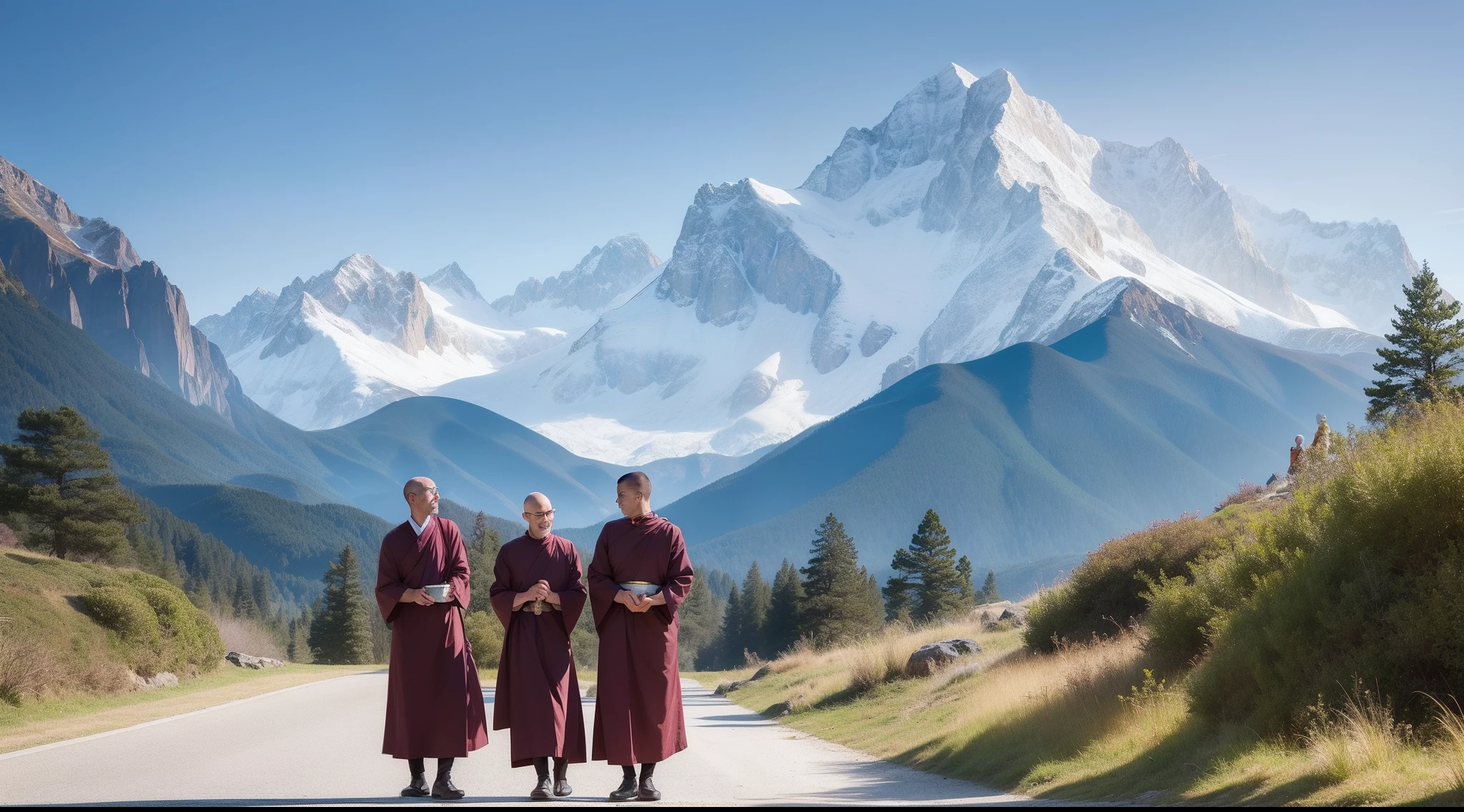 Three blissful monks in a tranquil temple surrounded by the majestic peaks of the mountains.