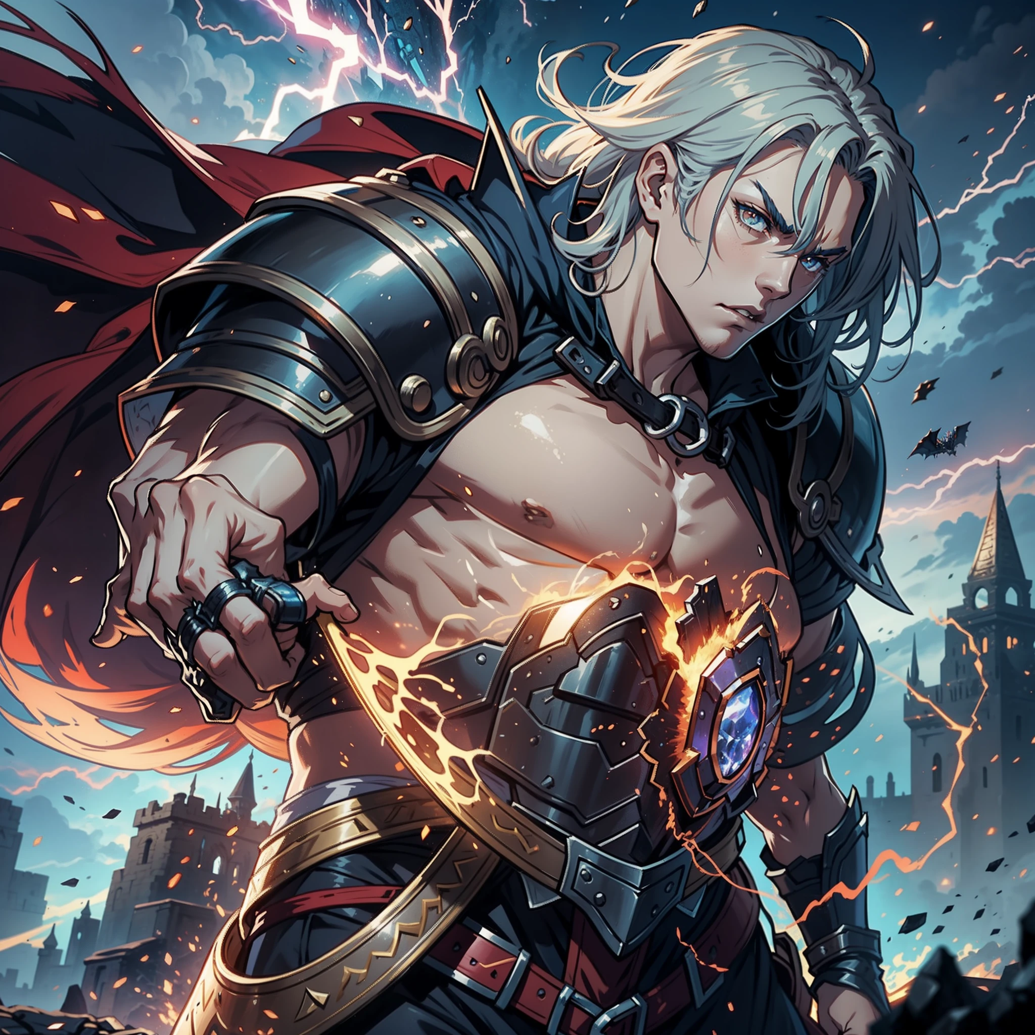 In the epic battle scene of Castlevania: Lords of the Shadows, imagine the formidable clash between Gabriel Belmont wearing full body heavy armor Wear leather Armor covers his entire body hyper realistic super detailed and the fearsome Titan atop the ancient mountaintop. Lightning crackles in the stormy sky as they engage in a legendary confrontation, Leurs pouvoirs entrent en collision avec une force qui fait trembler la terre. The Titan's colossal fists collide with Gabriel's enchanted whip, tandis que le paysage tremble sous leur lutte titanesque