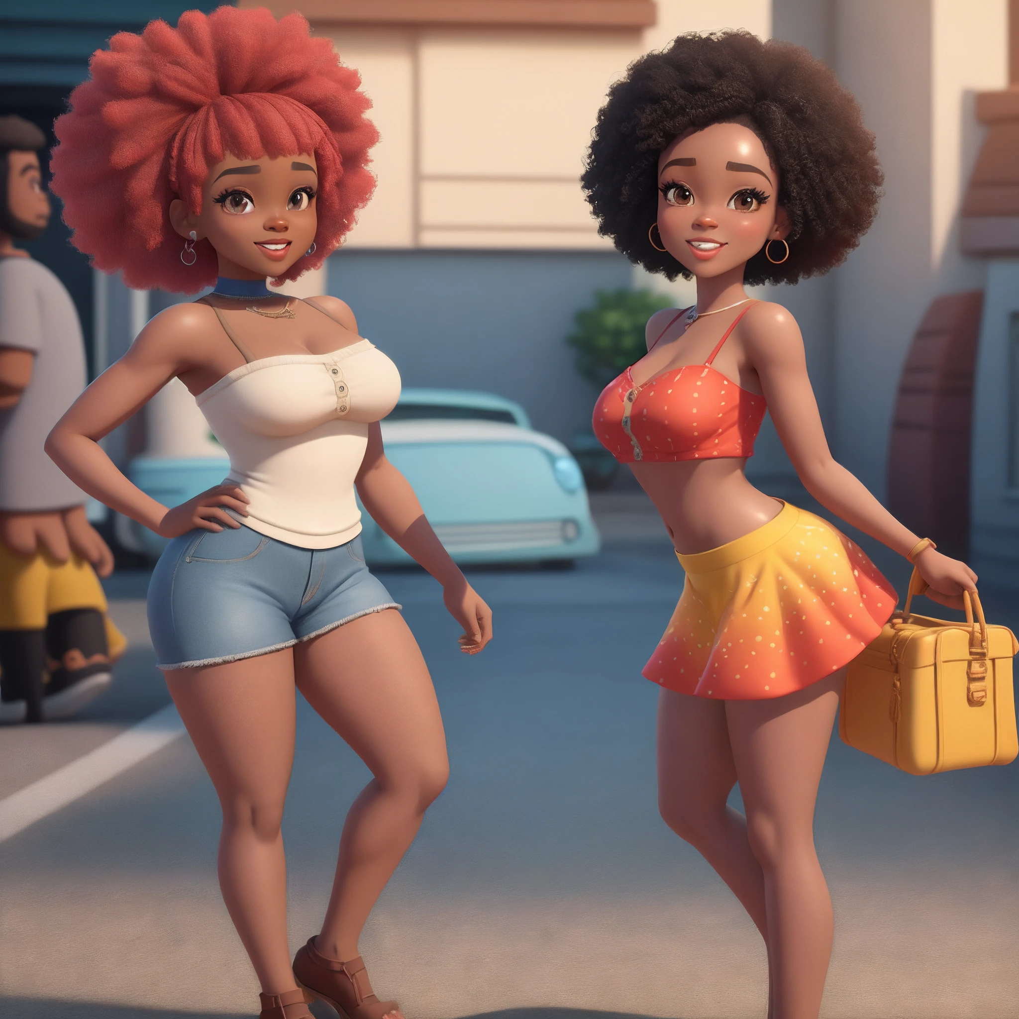 Mulher afrodescendente Clara com cabelo crespo vermelho, corpo inteiro, 3 d animation. Estilo Cartoon. Disney. Pixar