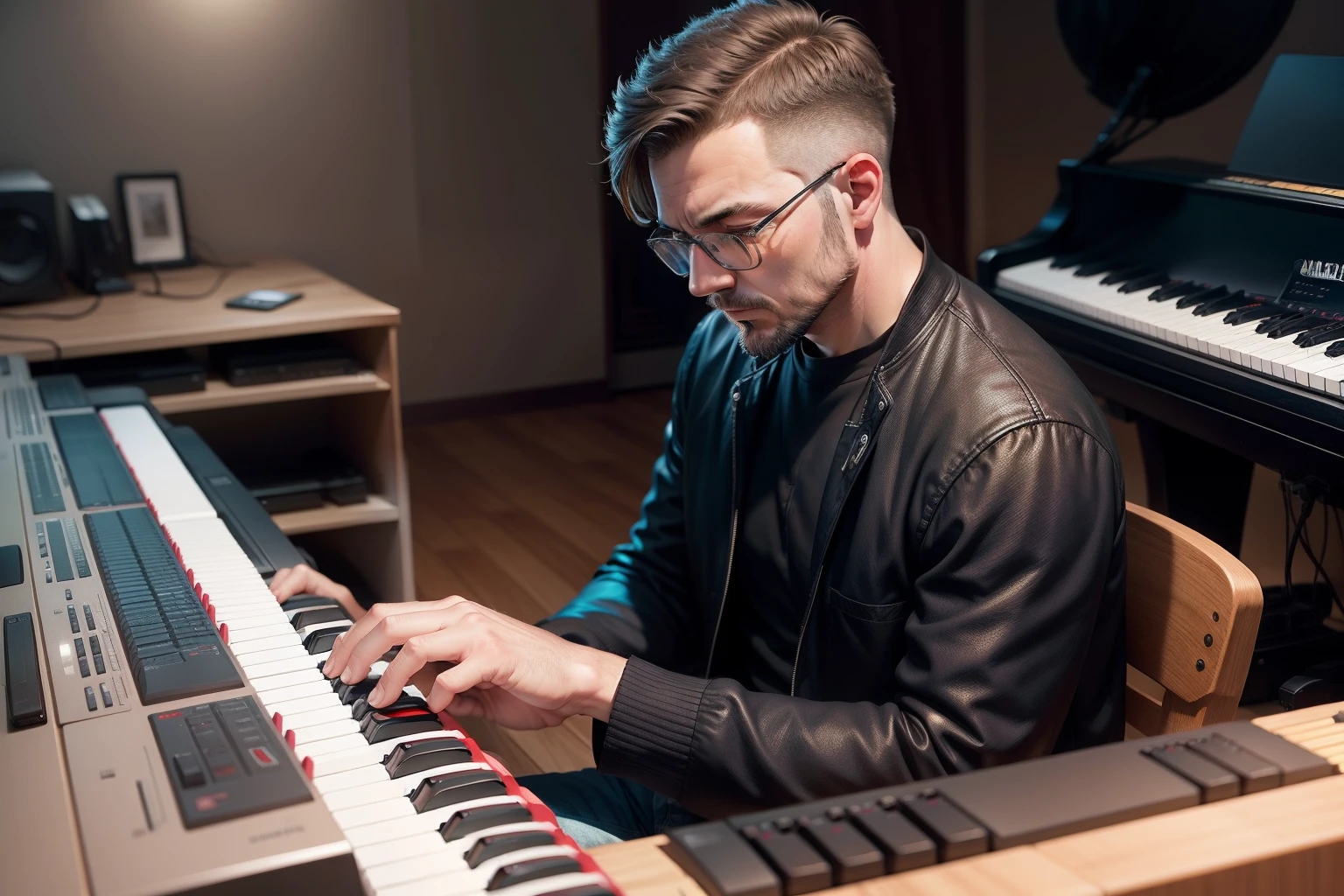 an adult man playing a yamaha keyboard
