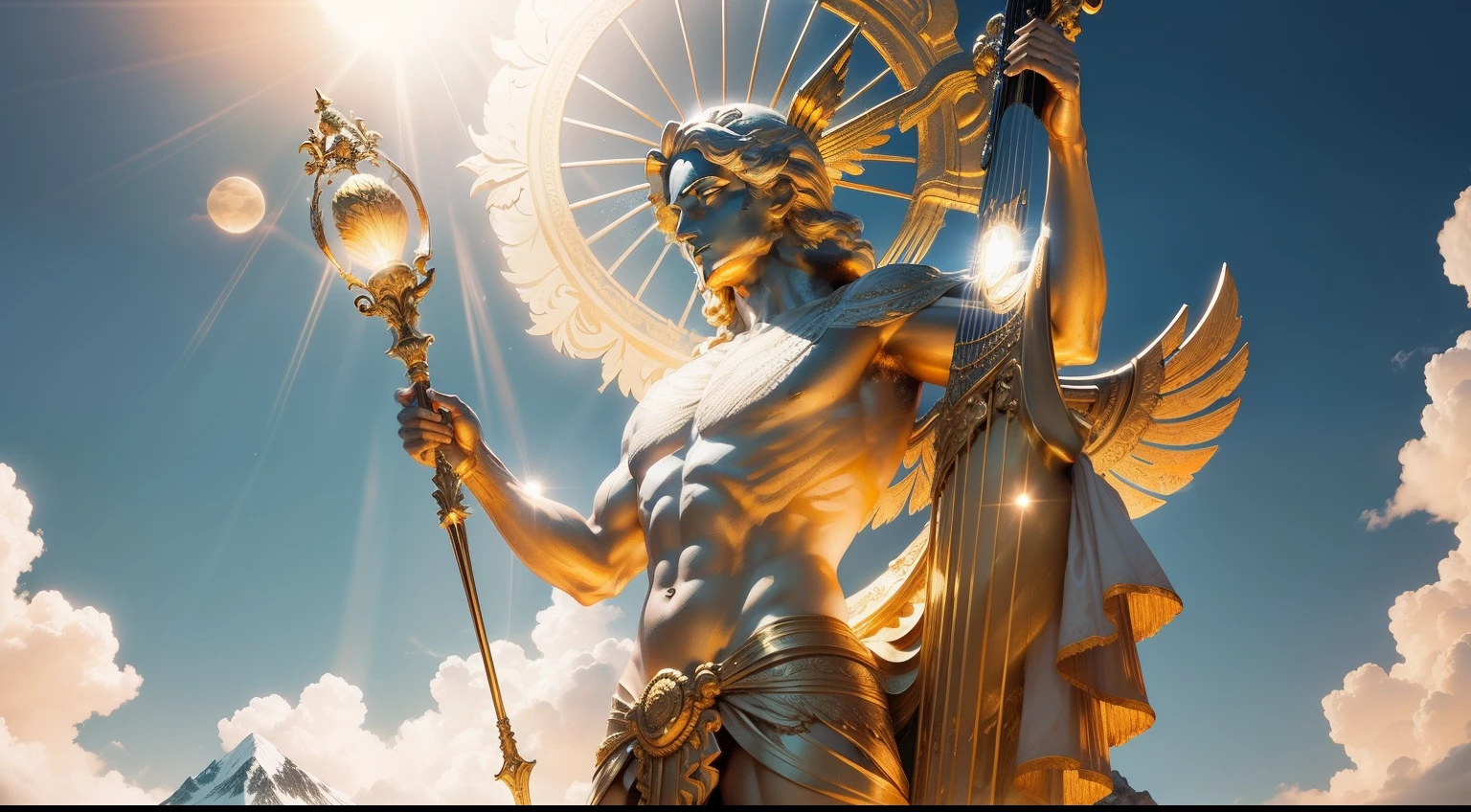 A majestic Apollo stands atop a sun-drenched mountain, his golden lyre radiating a brilliant light.