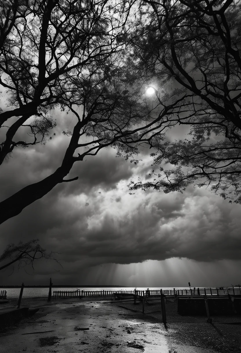 Uma noite chuvosa e depressiva em preto e branco seria caracterizada por nuvens escuras e carregadas, chuva caindo em gotas grossas, luzes fracas e sombras profundas