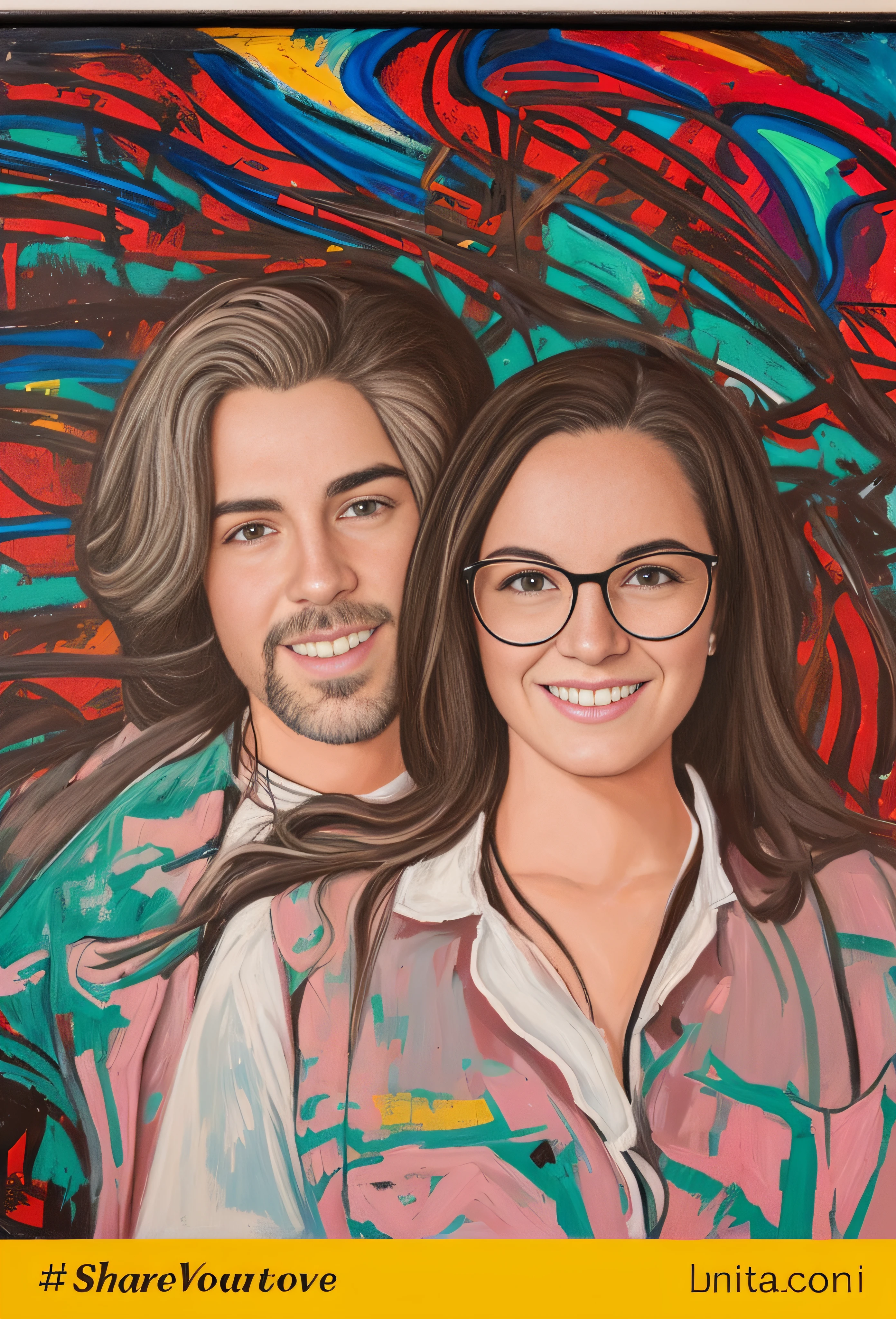 Painting of a man and a woman with glasses and a colorful background, retrato de casal, Retrato de duas pessoas, retrato de casais, Retrato NFT, Retrato de artistas, retrato detalhado, uma pintura de duas pessoas, Retrato colorido, retrato de alta qualidade, Retrato colorido detalhado, Retrato moderno, Retrato pintado, pintura digtial, Arte digital pintada, Directed by: Meredith Dillman, arte do retrato