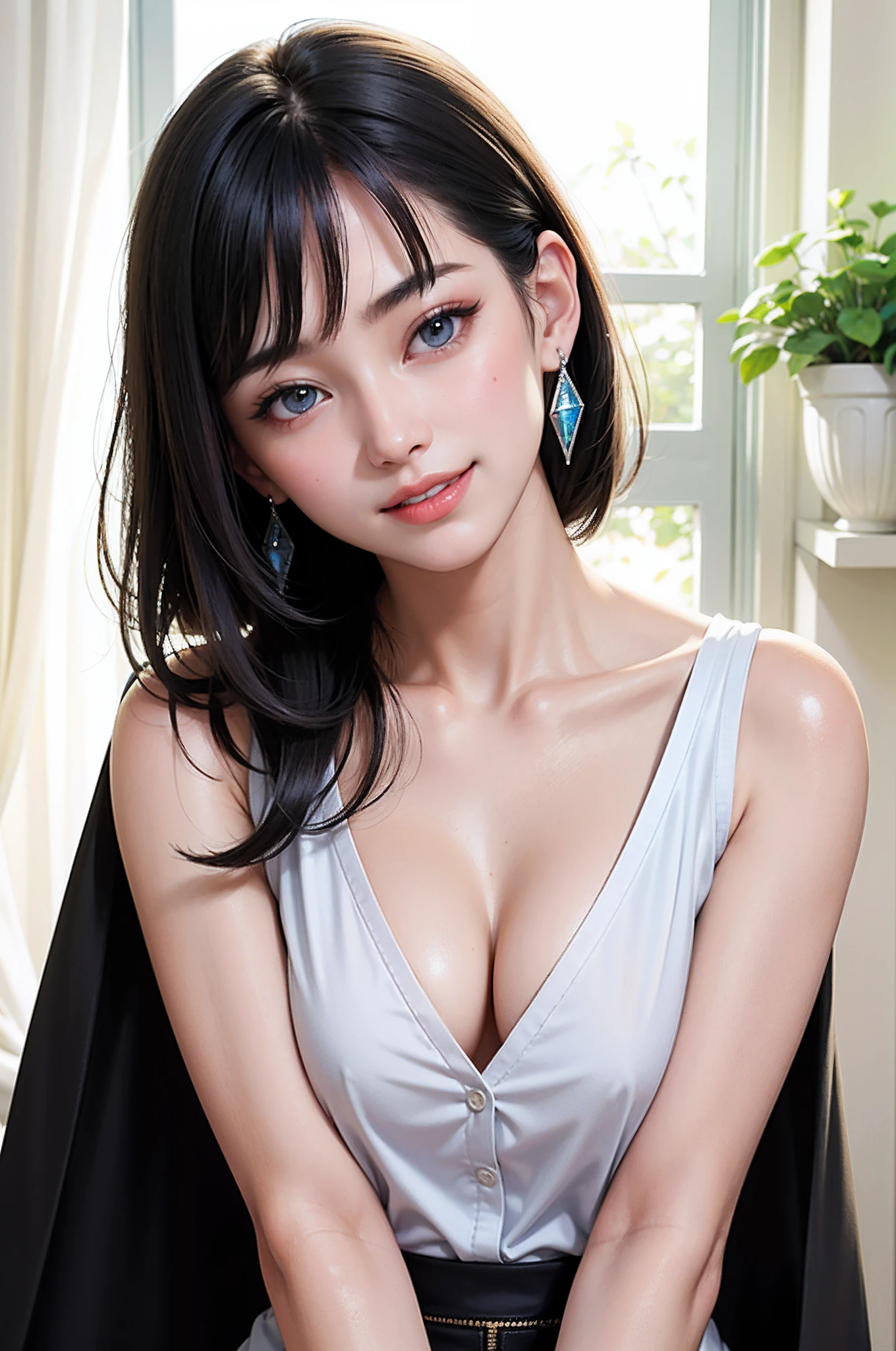 (high-level image quality、high-detail、hightquality、hight resolution、Draw everything in high resolution、masuter piece)、Very intense crystal light blue eyes、Very pale blue eyes、Smaller diamond-shaped earrings、Look firmly at the camera、Put your ears out、short black hair with a beautiful sheen,,,,、Beautiful very short beautiful hair with bangs、Show off all the beautiful décolletés、Beautiful 28 years old、lipgloss、long neck、happily laughing、Smiling very happily、Beautiful teeth alignment、Beautie、Pretty Woman、Business shirt with a snow-white collar with open chest、A pure white blouse that opens to the chest、Shirt with rolled up sleeves、Wide Open Color、illuminate the back with very strong light from the windowsill,,,,、Very immaculate background、Really snow-white background、Slightly bigger eyes、Brings intense light to the eyes、Rather wide shoulders and beautiful、tall supermodel、Long-legged supermodel、Female sexy、tilt your face slightly、Turn your face slightly to the right、Get a little closer and look at your face、