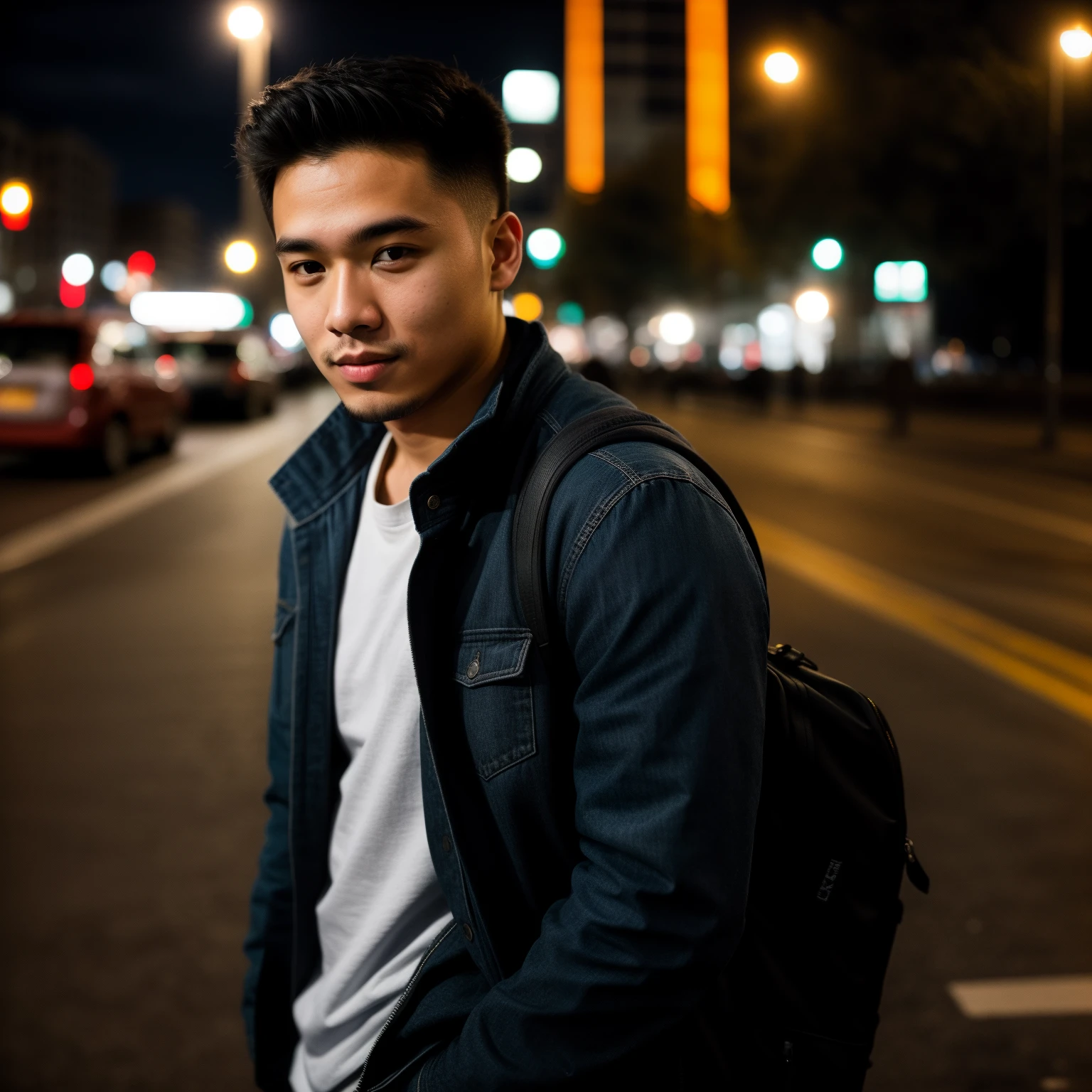 RAW photo, a portrait photo of 25 y.o man in casual clothes, night, city street, (high detailed skin:1.2), 8k uhd, dslr, soft lighting, high quality, film grain, Fujifilm XT3