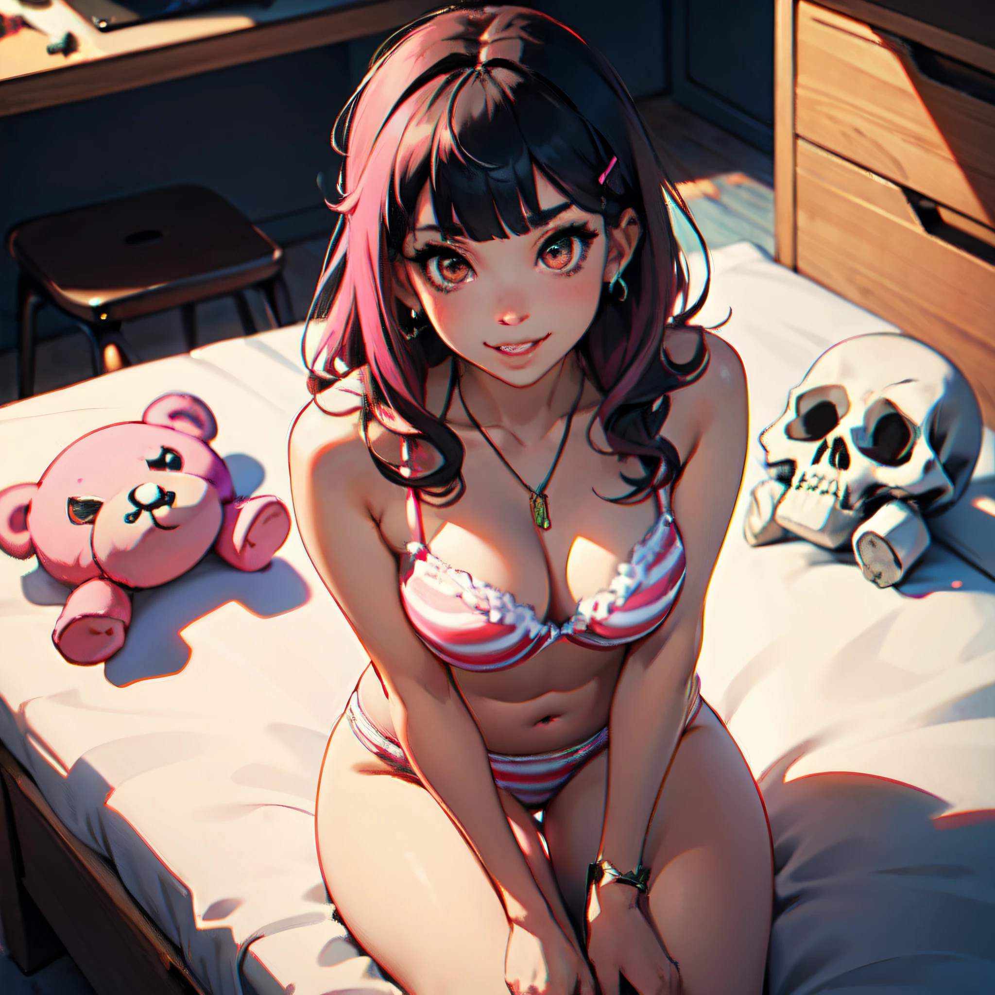 long hair, black hair++, pink hair++, brown eyes+++, blunt bangs++, tousled hair, best quality, smirk++, large breast, narrow waist, petite, plump lips+, thick lips++, long lashes+, striped pink and white bra++, striped pink and white thongs++, sitting at desk+++, gamer girl++, headset+++, grunge room, dark and moody, warm lighting, pink bedding, black pillows, plushies, teddy bears, fishbowl angle+++, from above++, skull necklace++, piercings, jewelry, hairclips+, outdoors background+, blurry background, close up, leaning forwards++, HD++, 8K+++, highres, thick thighs,