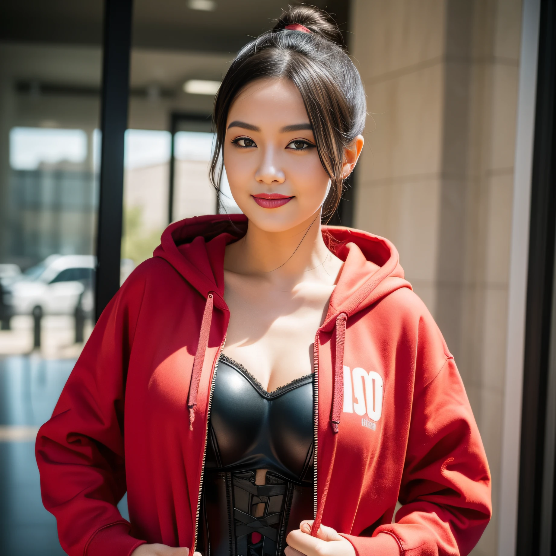 ((Masterpiece, best quality,edgQuality)),smug,smirk, edgBulgr_woman, edgBulgr_face,edgBulgr_body, edgCorset,hoodie, a woman, wearing a hoodie with a corset, red hoodie
