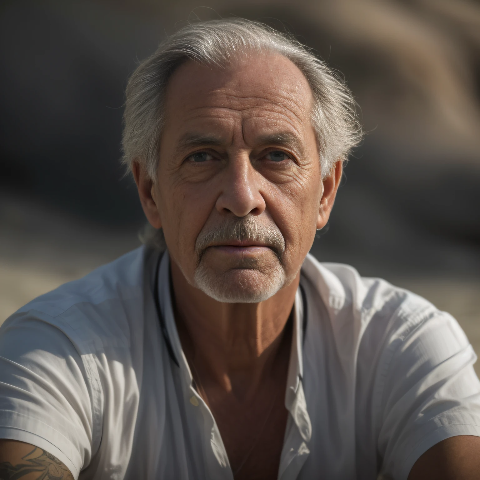 homem mais velho com cabelo branco e camisa branca sentado em uma praia, foto retrato suave 8 k, foto do retrato de um homem velho, cinematic portrayal, color photograph portrait 4k, Retrato tirado 8 K, Retrato 4k, retrato do homem velho, foto de retrato de pintura fosca, Cinematic realistic portrait, O olhar de um idoso, Retrato VFX altamente detalhado, cinematic bust portrait