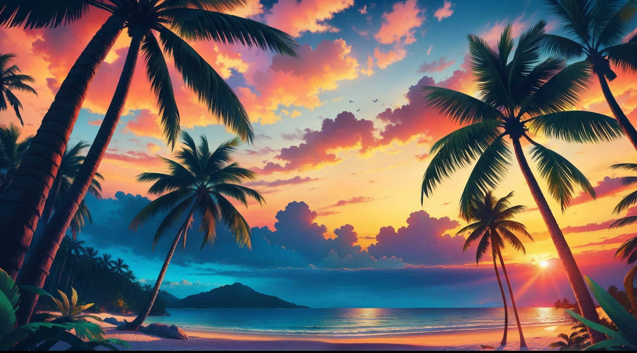 Masterpiece, best quality, sunny beach, undulating palm trees and vibrant tropical landscapes, photorealistic, photography, sunny, twilight, tropical jungle, highres, flower, cinematic lighting