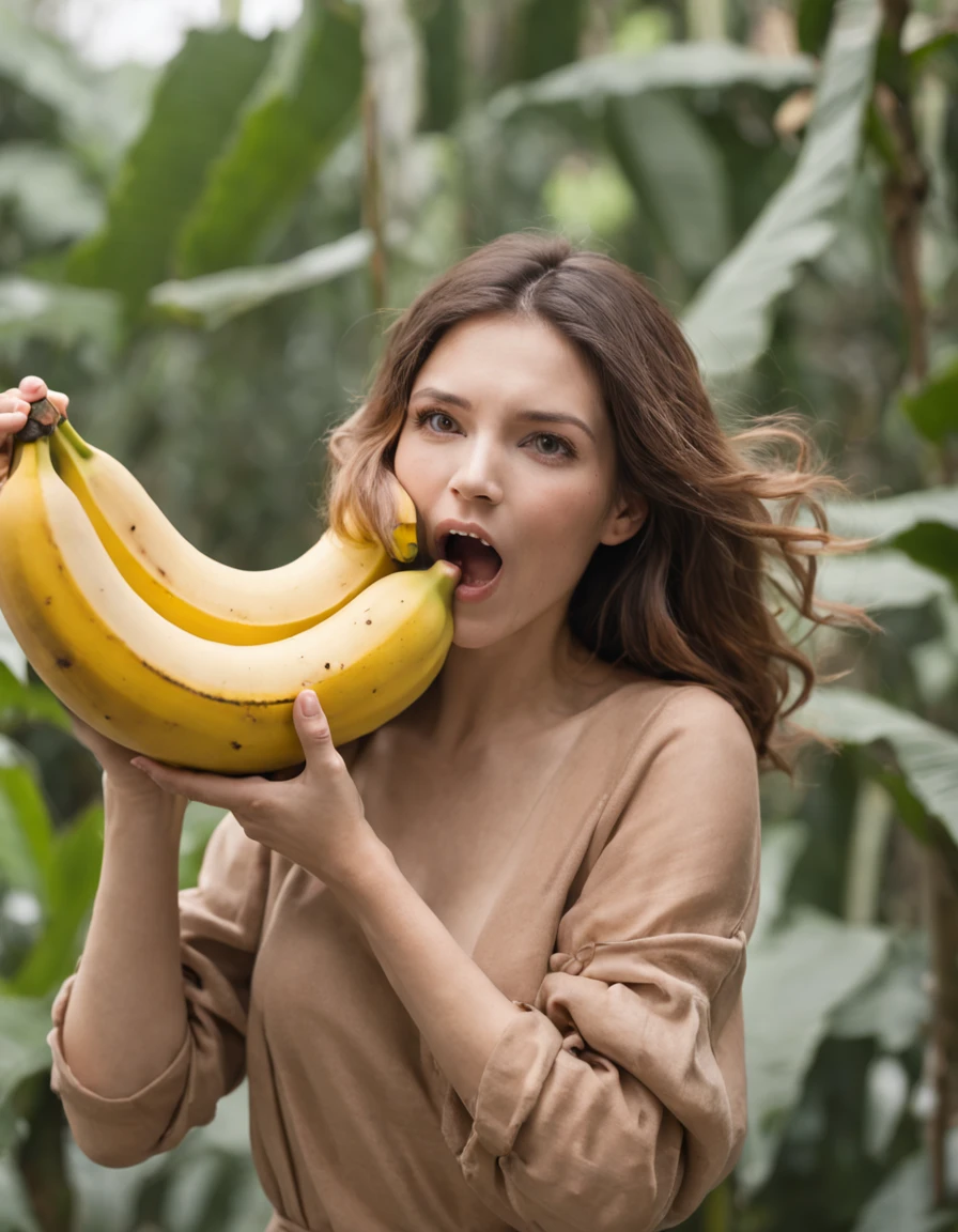 mulher visivelmente surpresa e encantada, holding a giant banana with one hand. Your eyes are wide open, expressing a mixture of shock and admiration as he holds the banana close to his face. His hands are delicately resting on the banana, and his mouth is half-open, adding to his expression of surprise. The scene captures the moment when she is discovering and reacting to the presence of the giant banana, radiating fascination and admiration