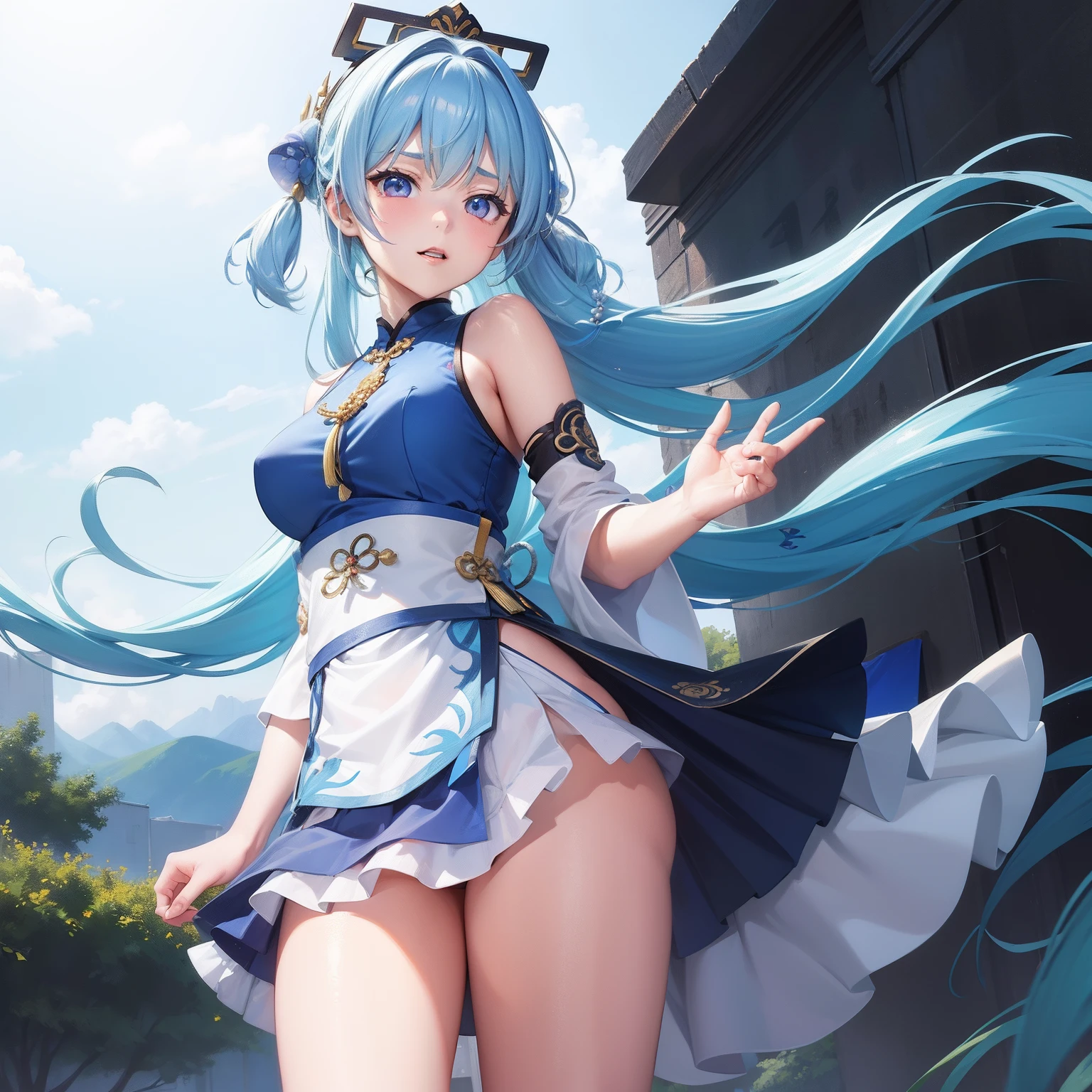 hyper realstic), (illustratio), (hight resolution), (8K), (Very detailed), (Most Best Illustration), (beatiful detailed eyes), (best qualtiy), (Hyper-detailing), (tmasterpiece), (wall-paper), (详细的脸),((masutepiece)), (((Best Quality))), ((Extremely detailed)), Colorful, nffsw, 1girll, Solo, Luo Tianyi (Kushki), (Gushiki thighs:1.2),Sky blue hair